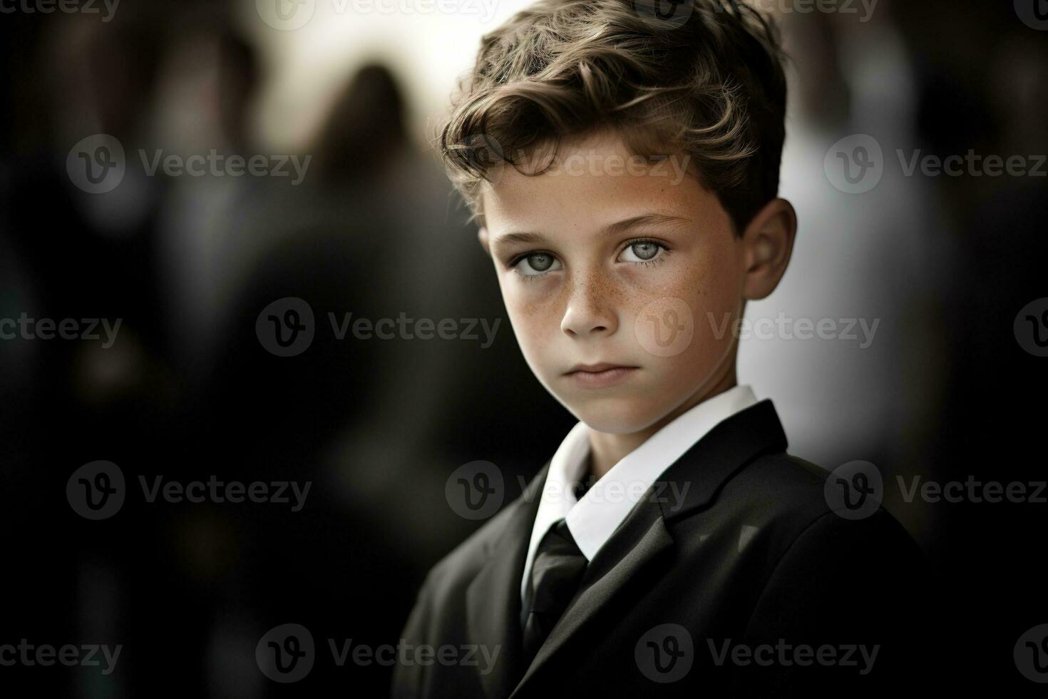 Portrait of a boy in a black suit with a funeral bouquet of flowers AI generated photo