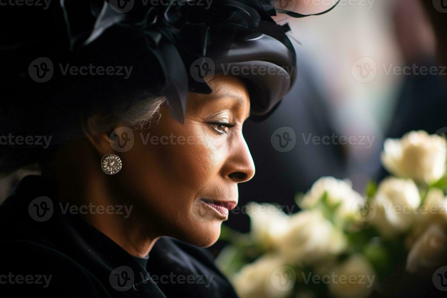 Portrait of a sad woman with a funeral bouquet of flowersAI generated photo