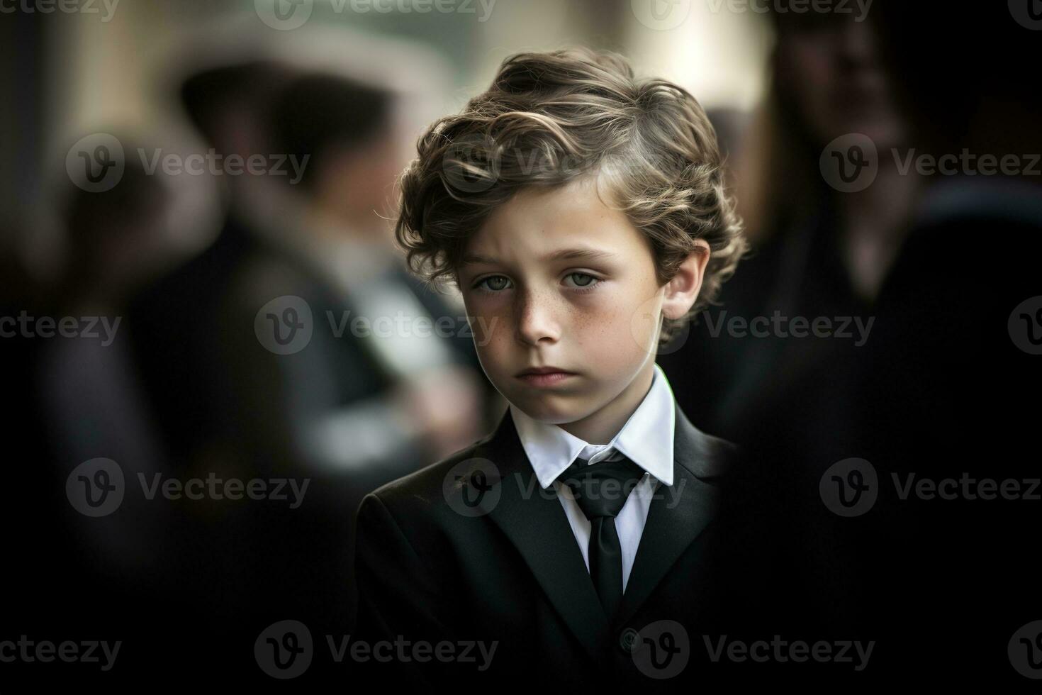 Portrait of a boy in a black suit with a funeral bouquet of flowers AI generated photo