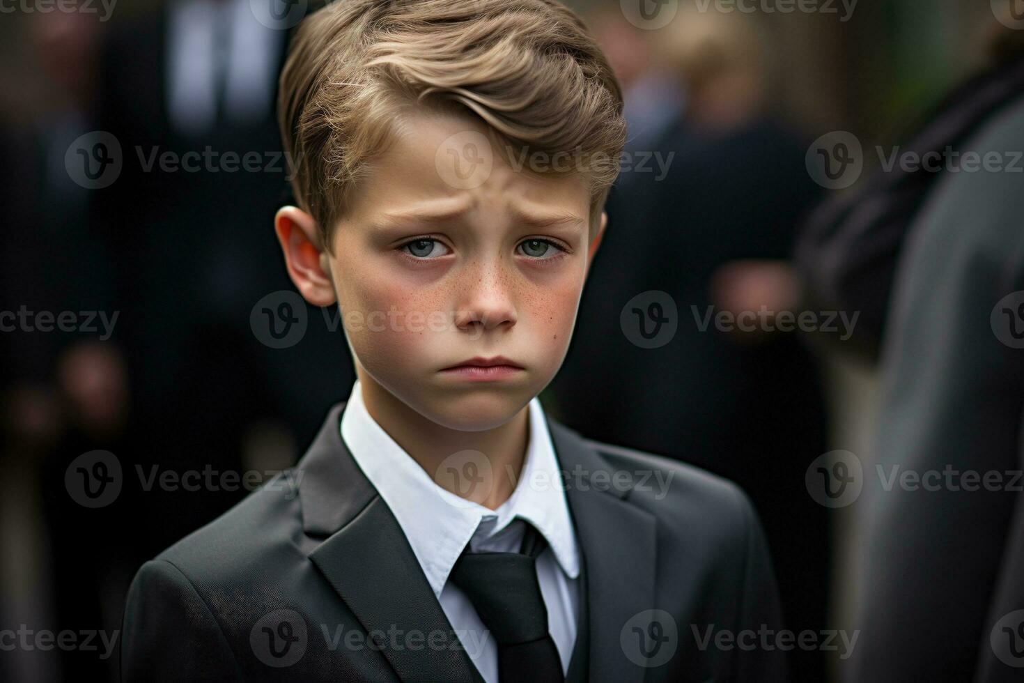 Portrait of a boy in a black suit with a funeral bouquet of flowers AI generated photo