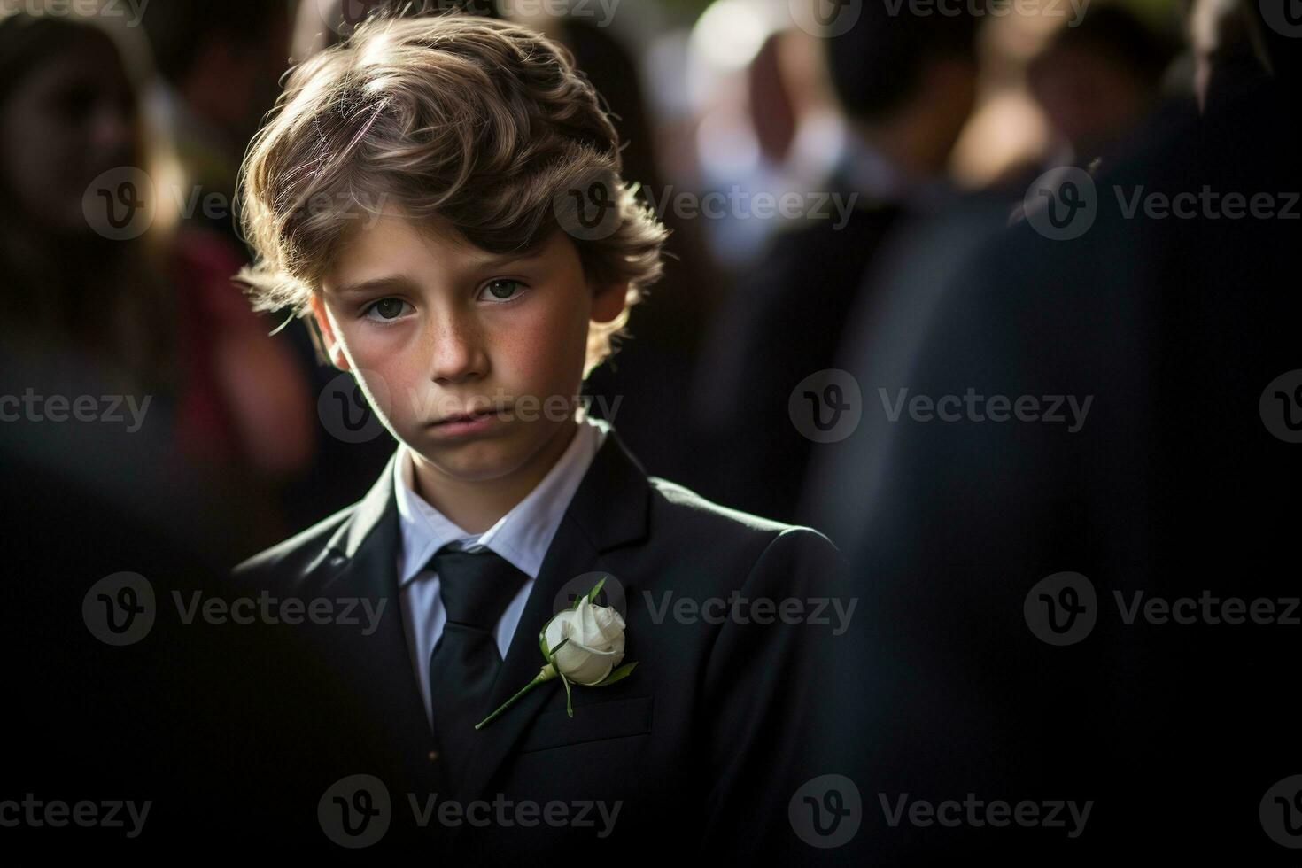 Portrait of a boy in a black suit with a funeral bouquet of flowers AI generated photo