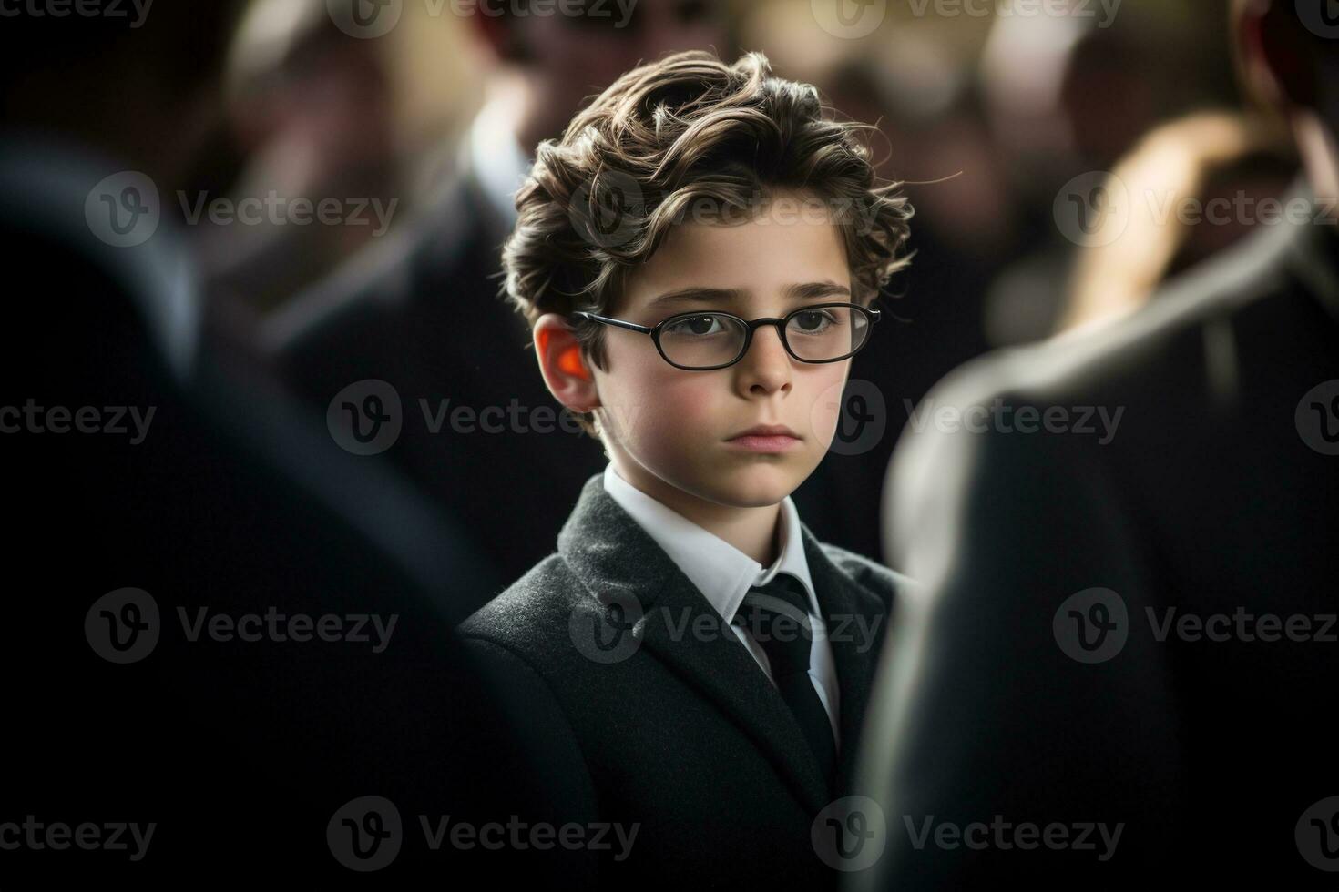 Portrait of a boy in a black suit with a funeral bouquet of flowers AI generated photo