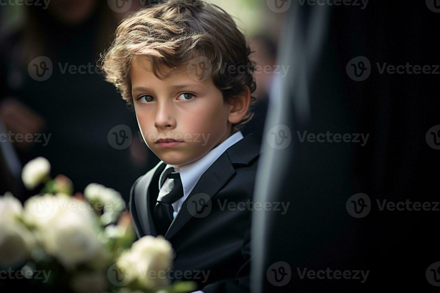 Portrait of a boy in a black suit with a funeral bouquet of flowers AI generated photo