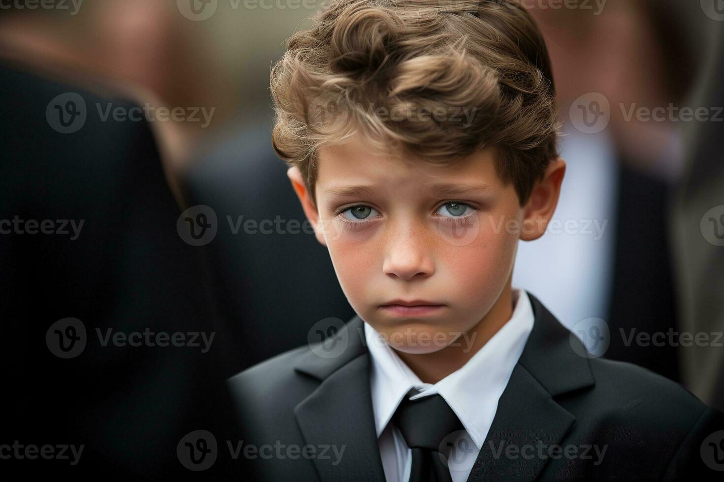 Portrait of a boy in a black suit with a funeral bouquet of flowers AI generated photo