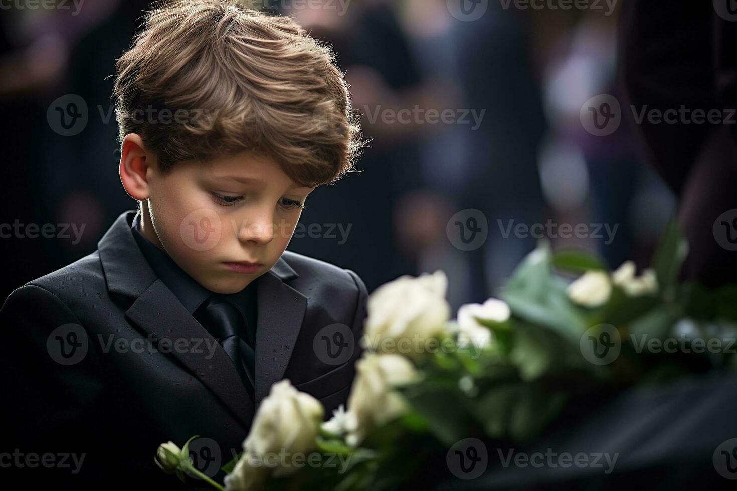 Portrait of a boy in a black suit with a funeral bouquet of flowers AI generated photo