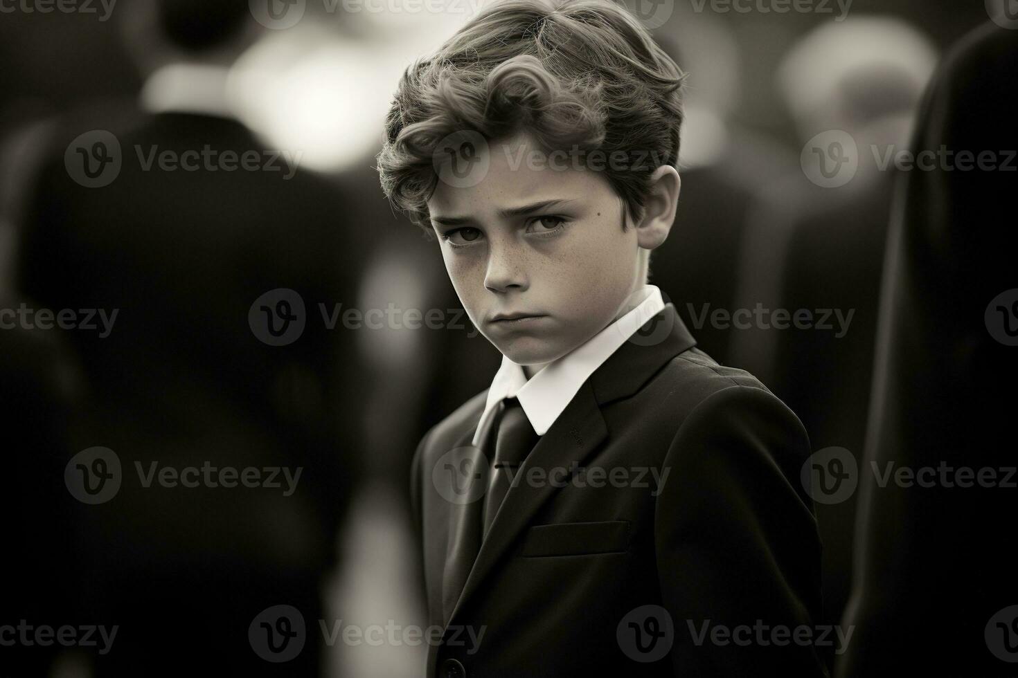 Portrait of a boy in a black suit with a funeral bouquet of flowers AI generated photo