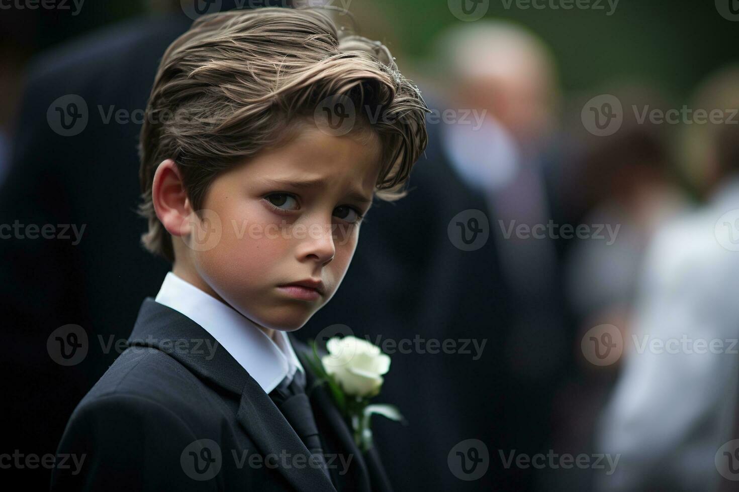 Portrait of a boy in a black suit with a funeral bouquet of flowers AI generated photo