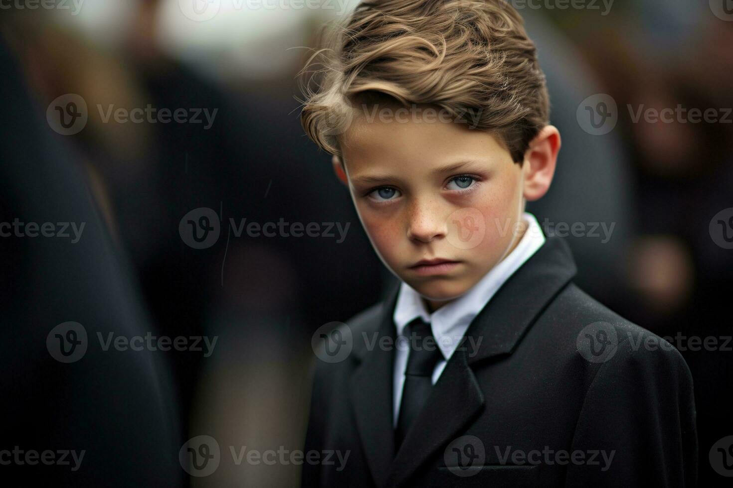 Portrait of a boy in a black suit with a funeral bouquet of flowers AI generated photo