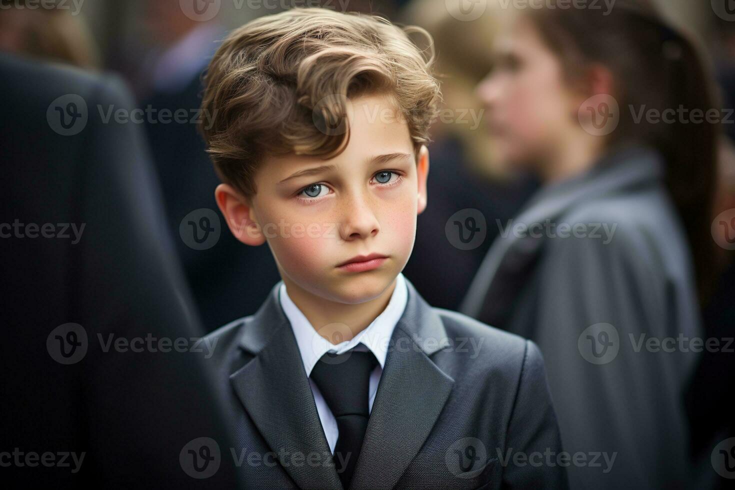 Portrait of a boy in a black suit with a funeral bouquet of flowers AI generated photo