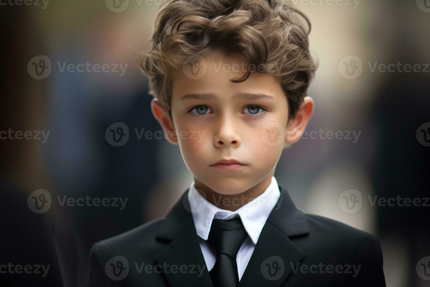 Portrait of a boy in a black suit with a funeral bouquet of flowers AI generated photo