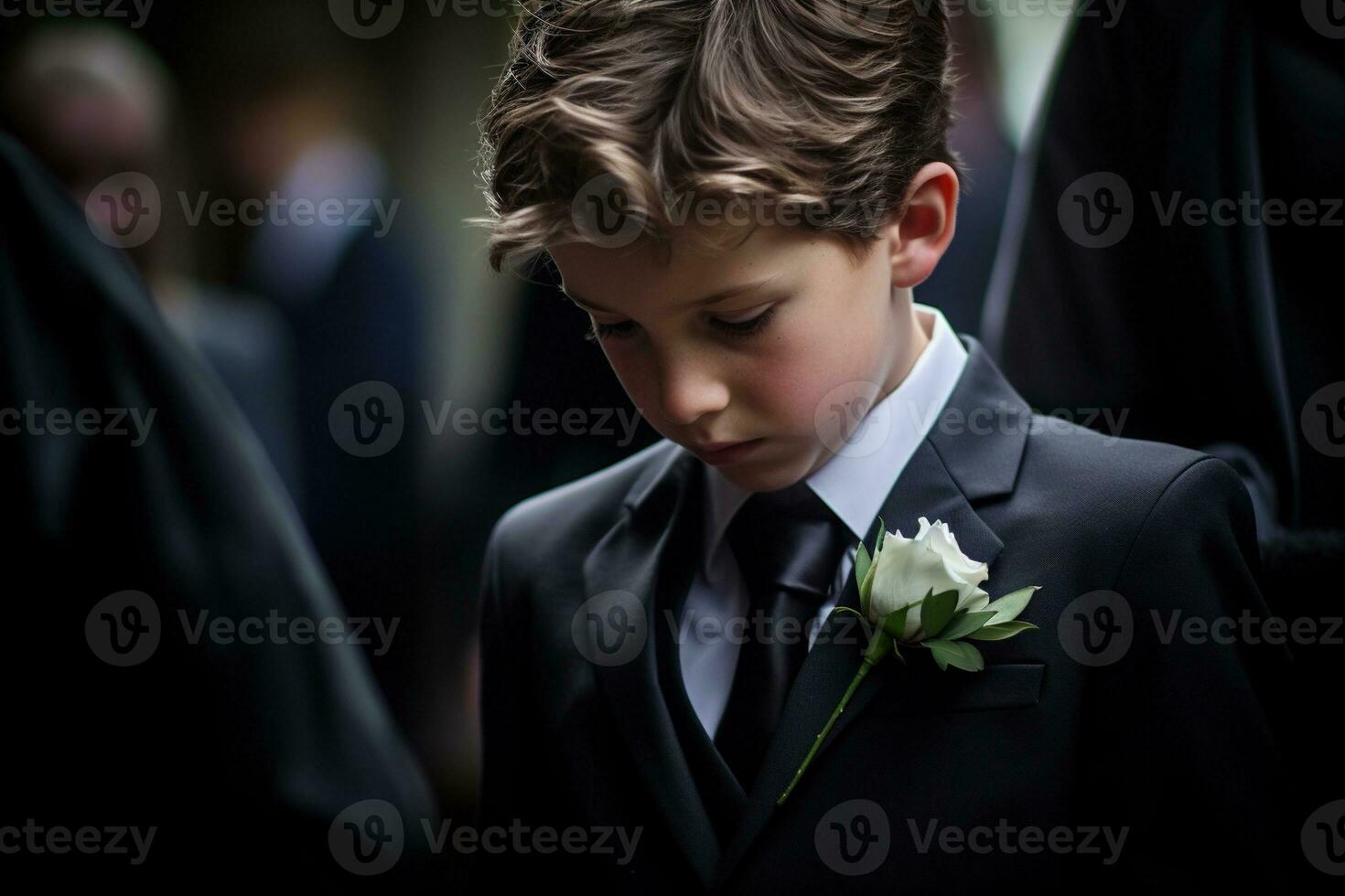 Portrait of a boy in a black suit with a funeral bouquet of flowers AI generated photo