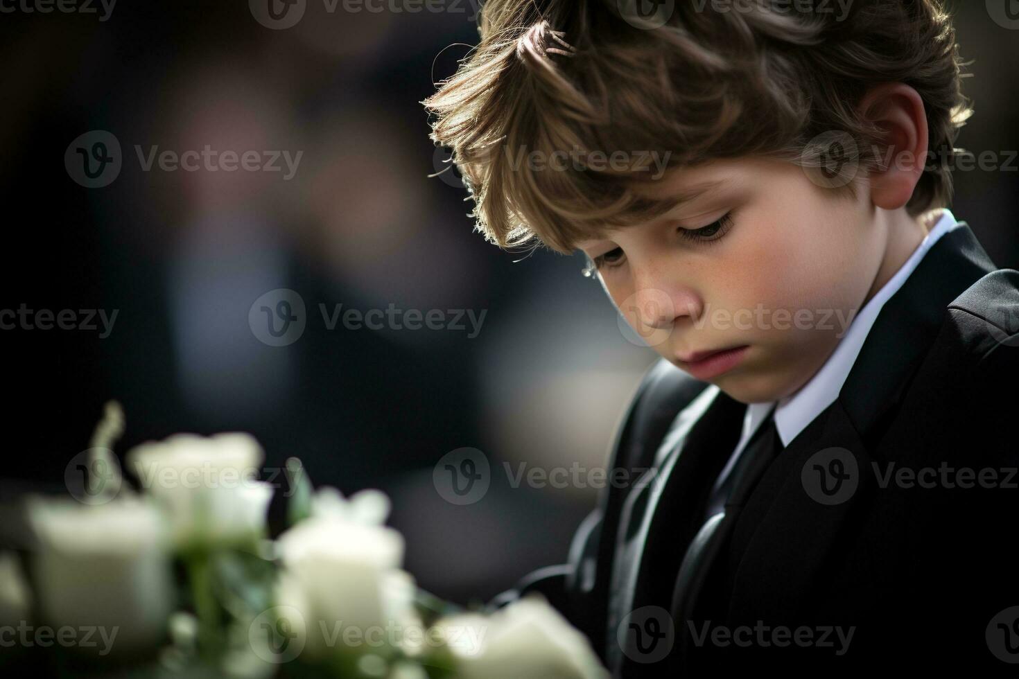 Portrait of a boy in a black suit with a funeral bouquet of flowers AI generated photo