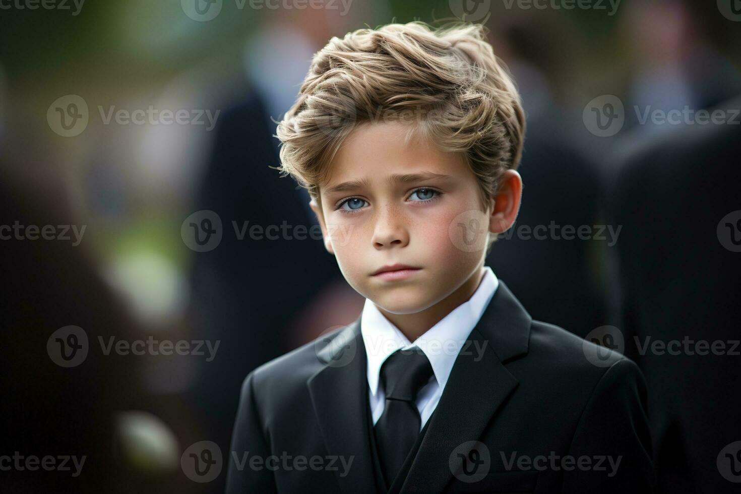 Portrait of a boy in a black suit with a funeral bouquet of flowers AI generated photo