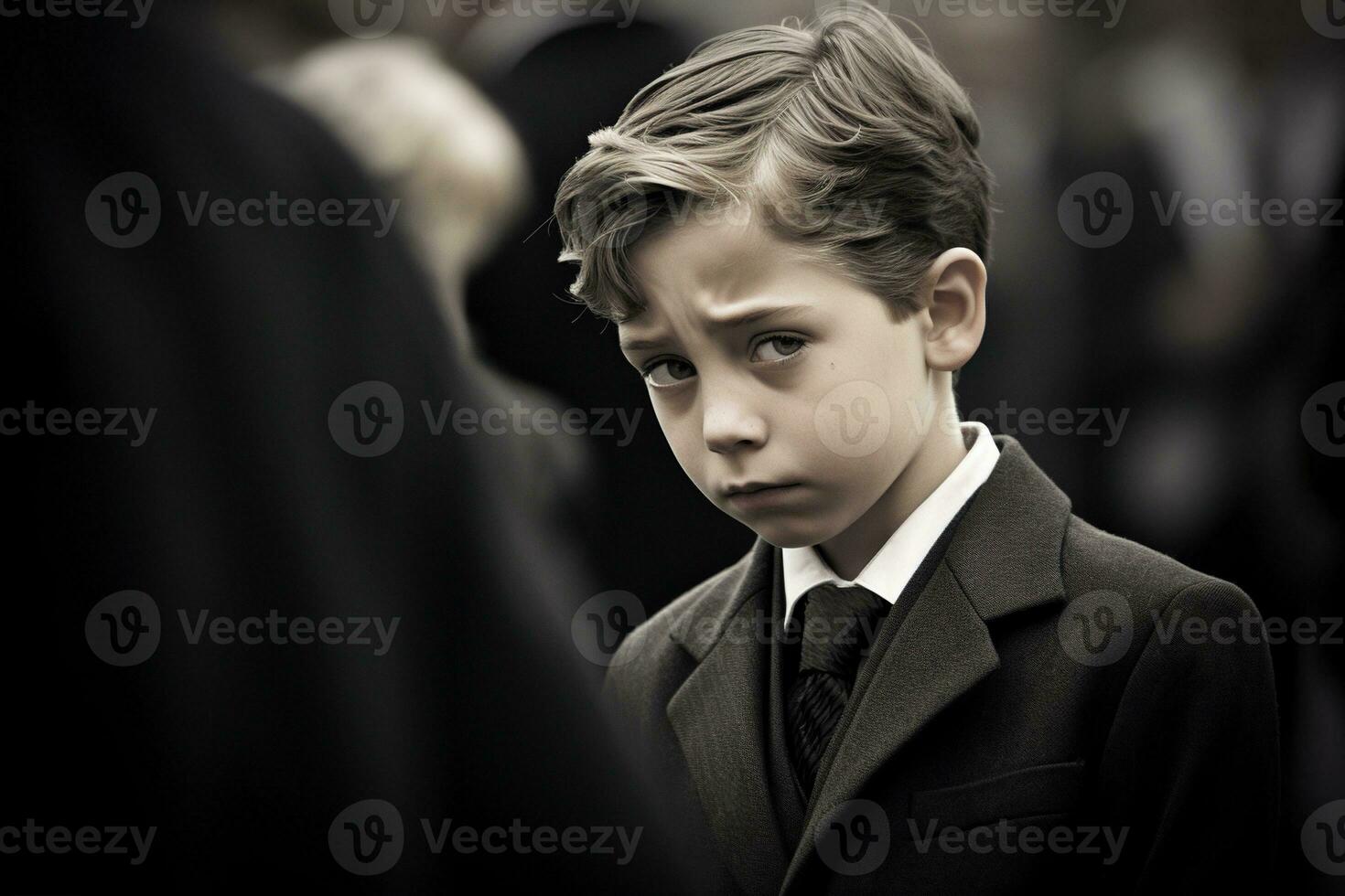 Portrait of a boy in a black suit with a funeral bouquet of flowers AI generated photo