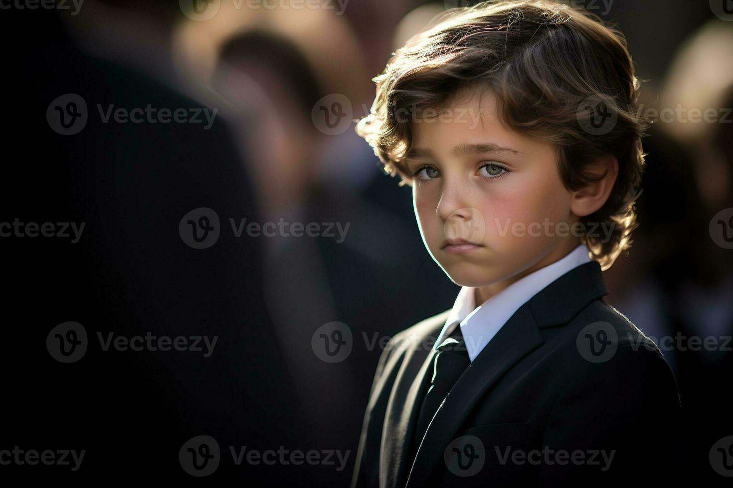 Portrait of a boy in a black suit with a funeral bouquet of flowers AI generated photo