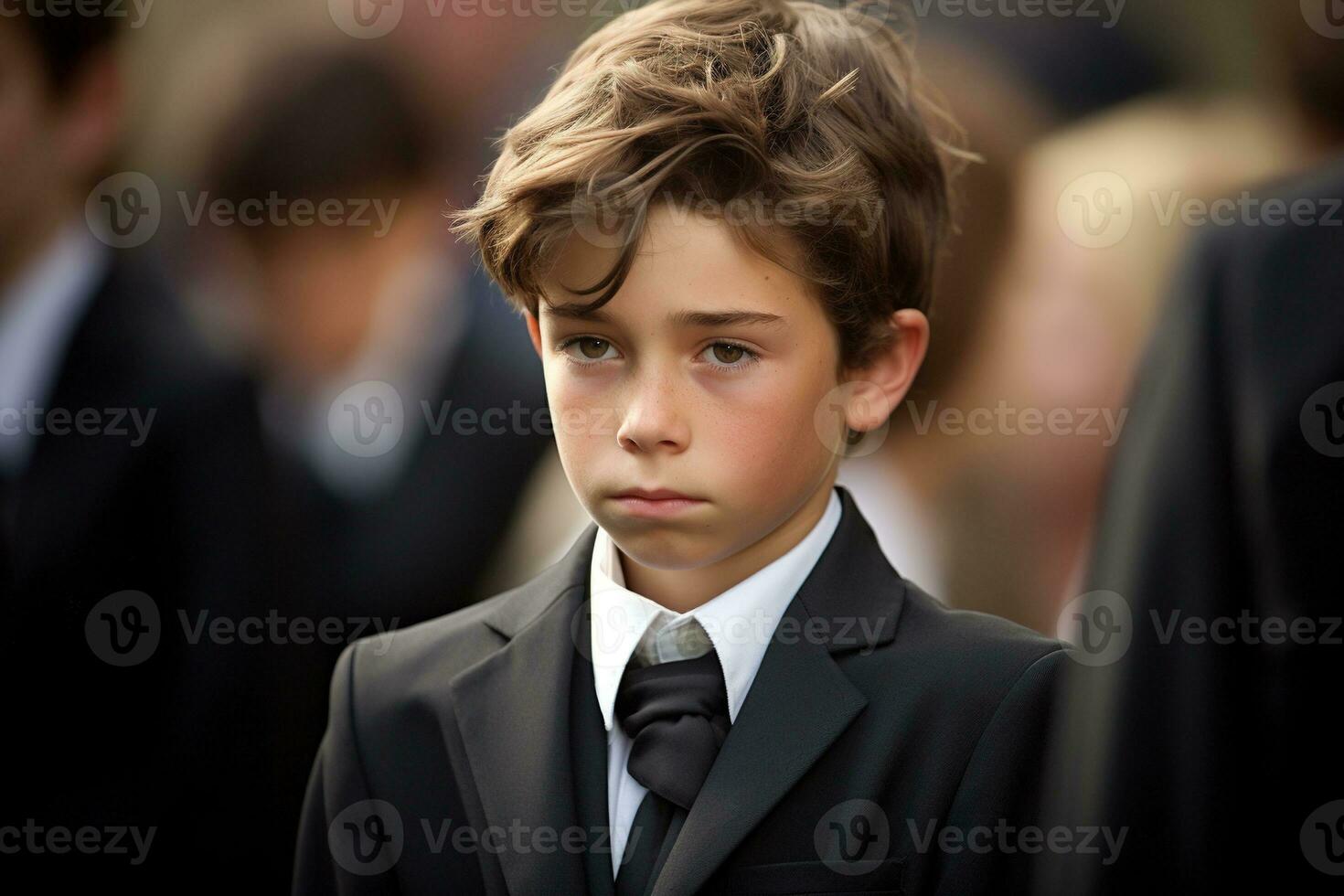 Portrait of a boy in a black suit with a funeral bouquet of flowers AI generated photo