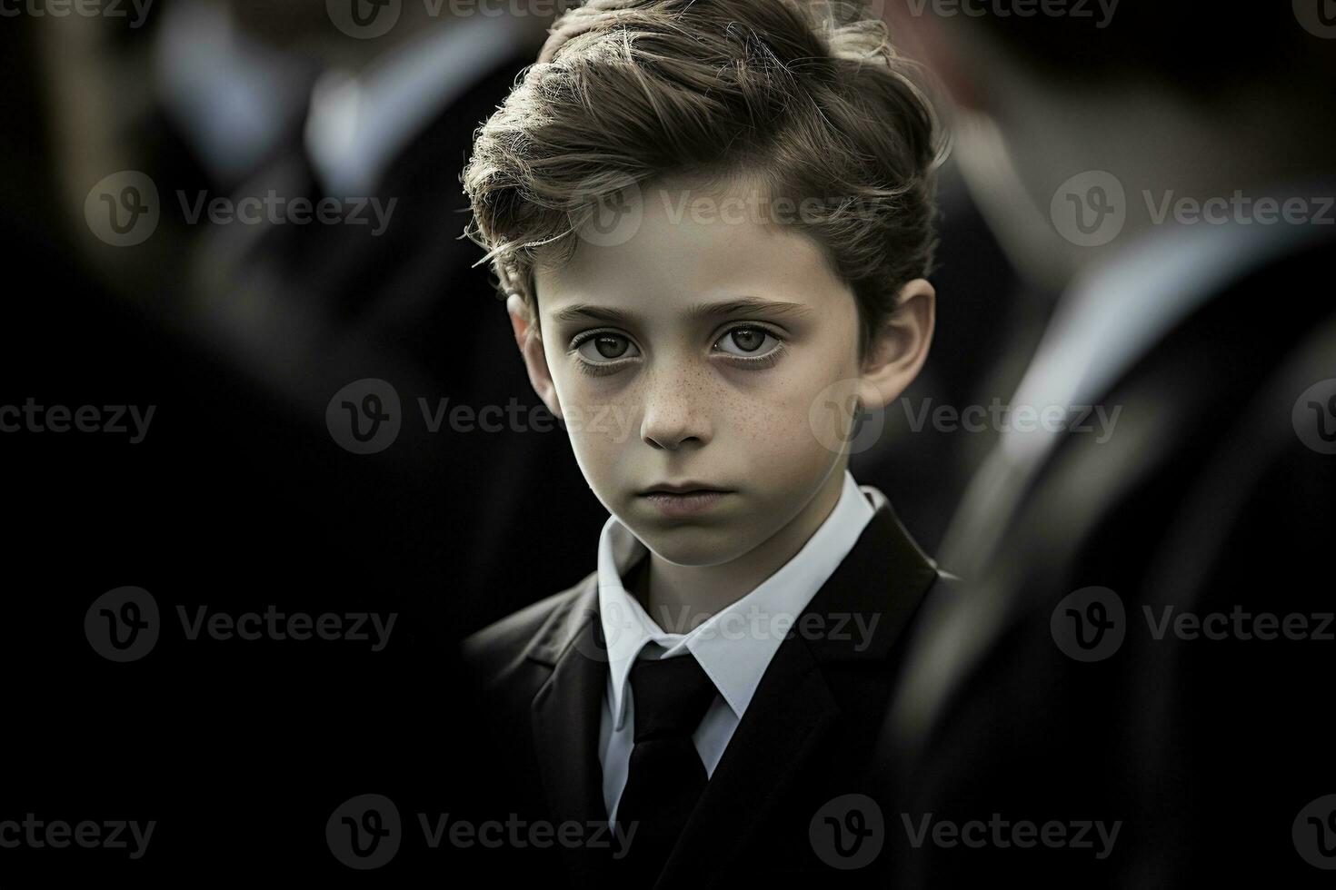 Portrait of a boy in a black suit with a funeral bouquet of flowers AI generated photo