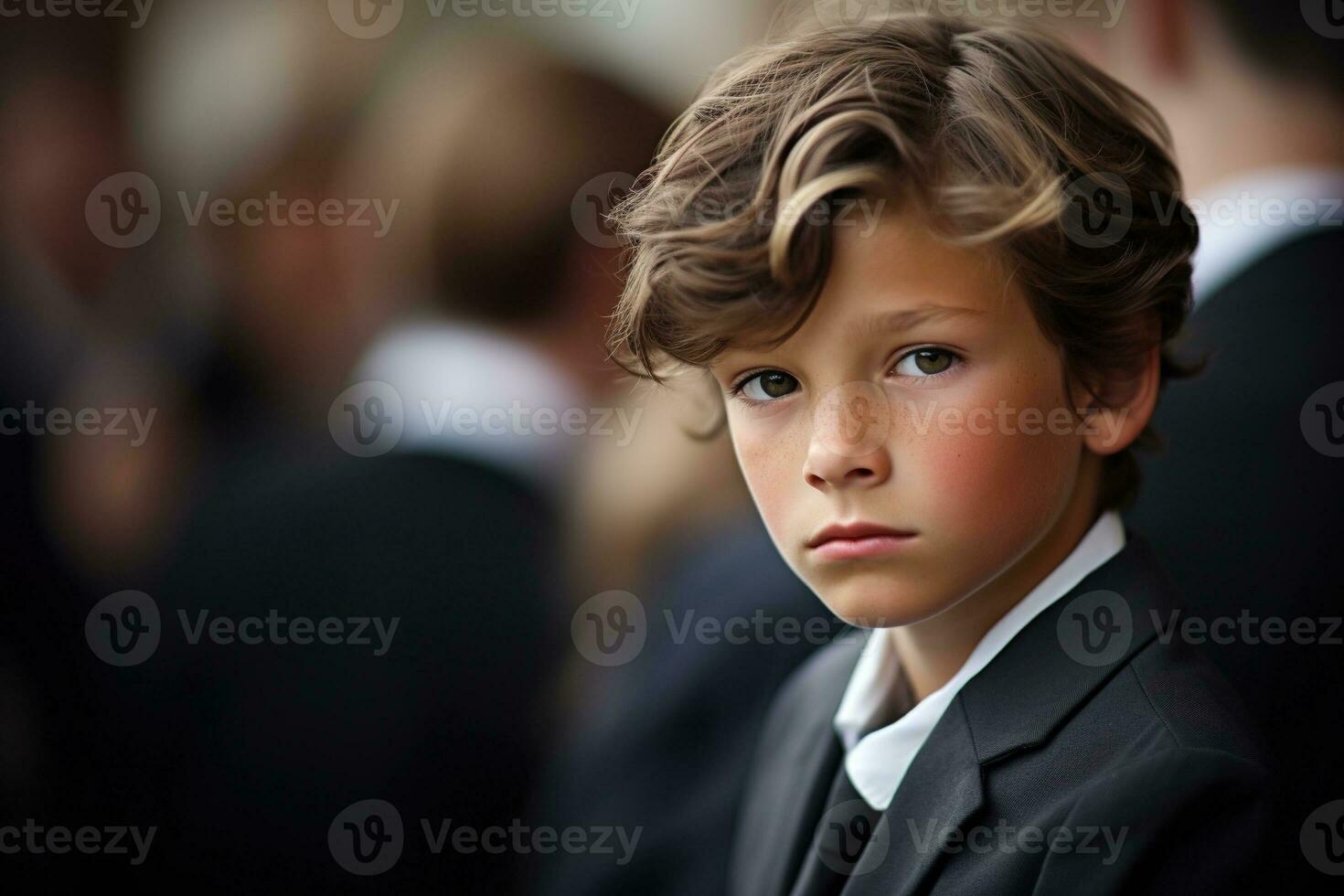 Portrait of a boy in a black suit with a funeral bouquet of flowers AI generated photo