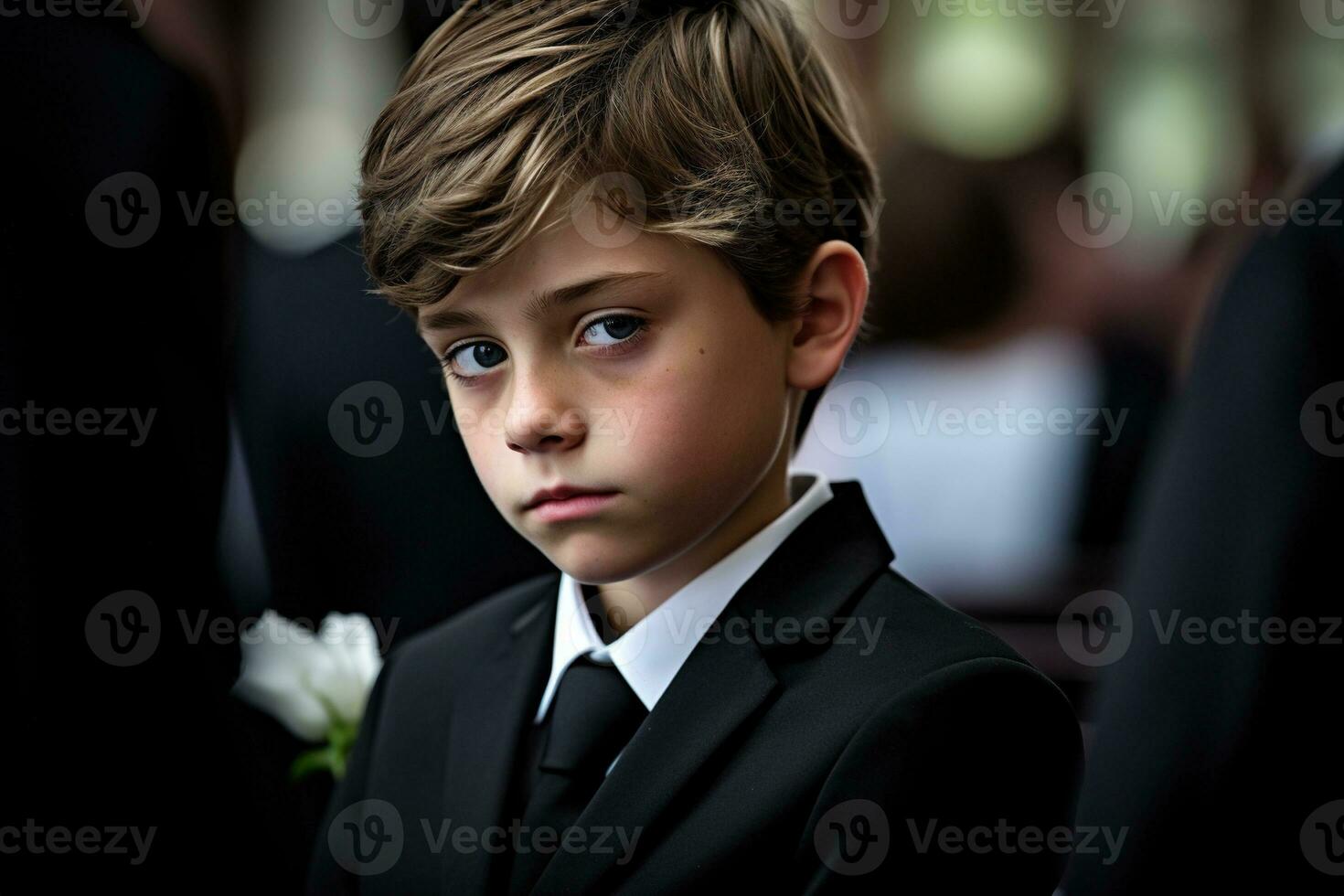 Portrait of a boy in a black suit with a funeral bouquet of flowers AI generated photo