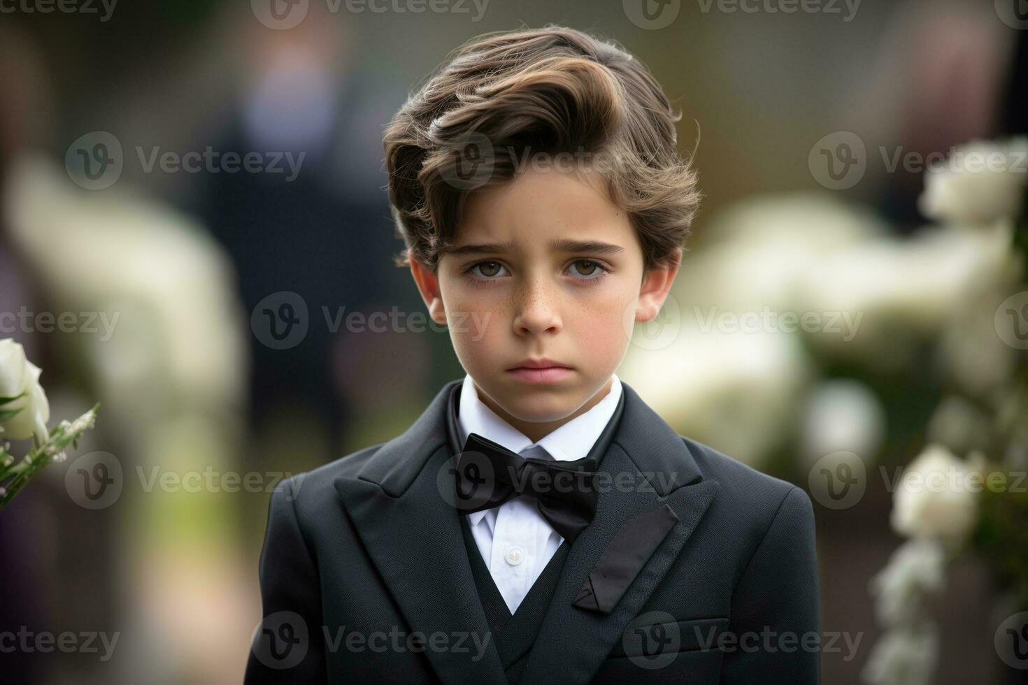 retrato de un chico en un negro traje con un funeral ramo de flores de flores ai generado foto