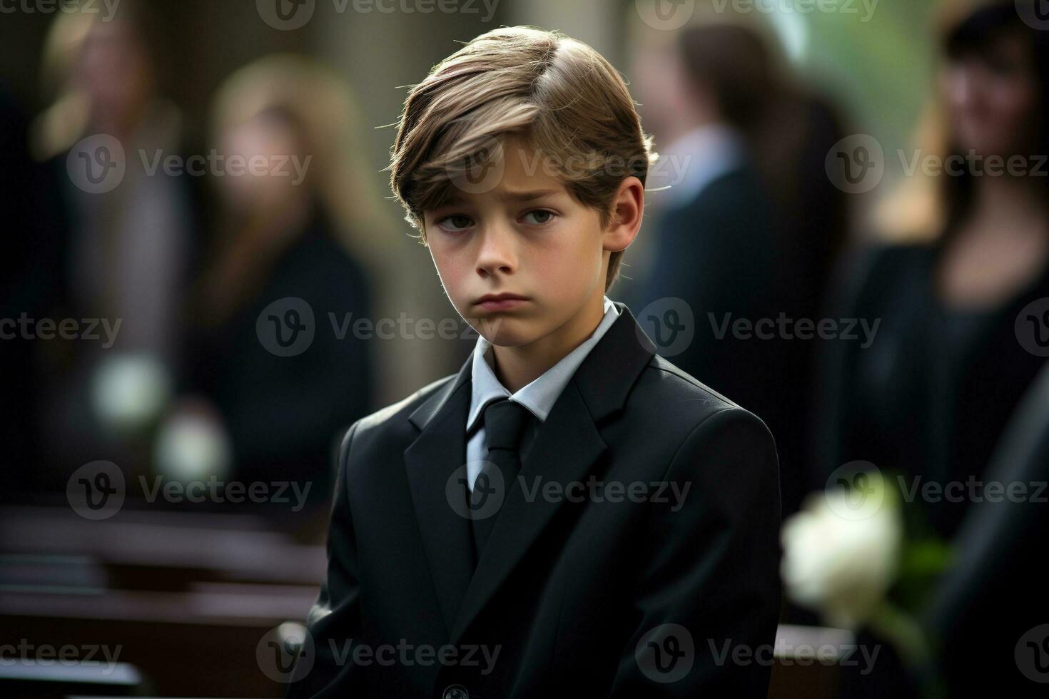 Portrait of a boy in a black suit with a funeral bouquet of flowers AI generated photo