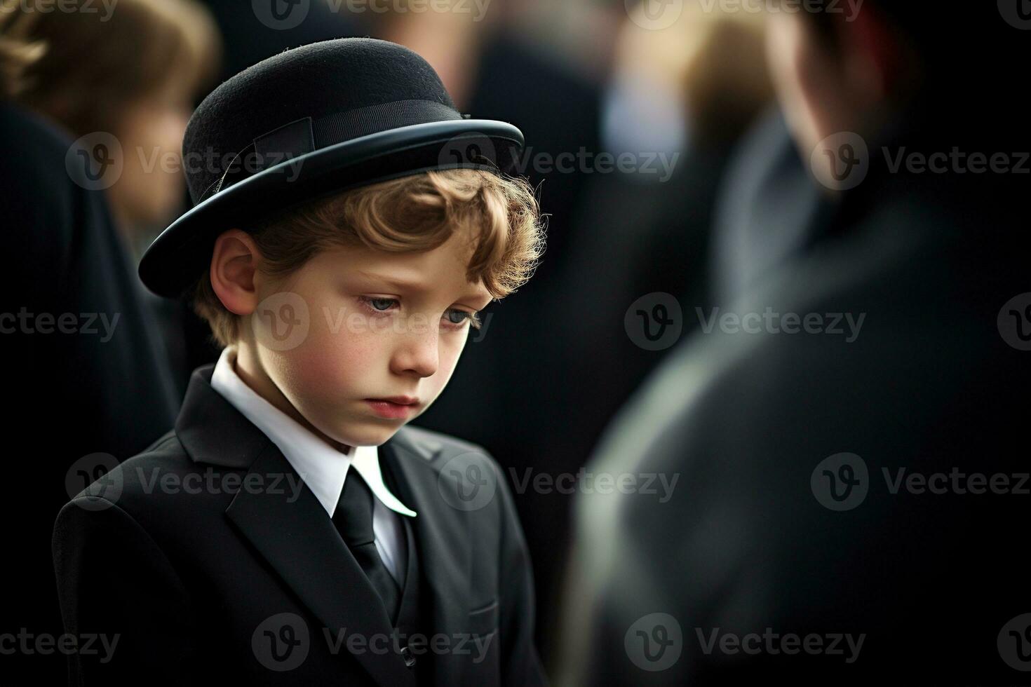 Portrait of a boy in a black suit with a funeral bouquet of flowers AI generated photo