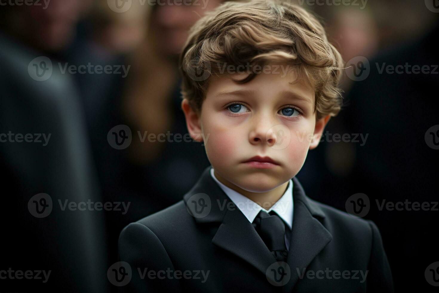 Portrait of a boy in a black suit with a funeral bouquet of flowers AI generated photo