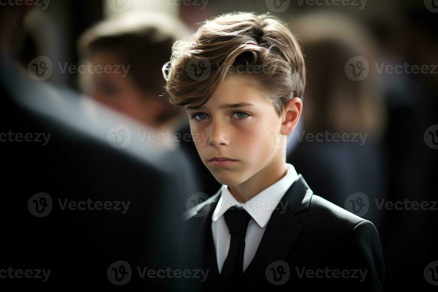 Portrait of a boy in a black suit with a funeral bouquet of flowers AI generated photo