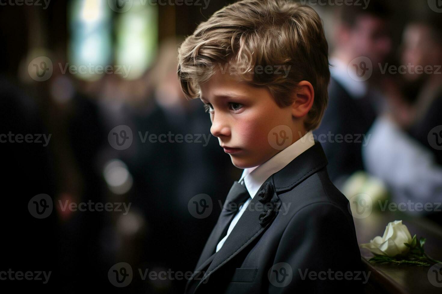 Portrait of a boy in a black suit with a funeral bouquet of flowers AI generated photo