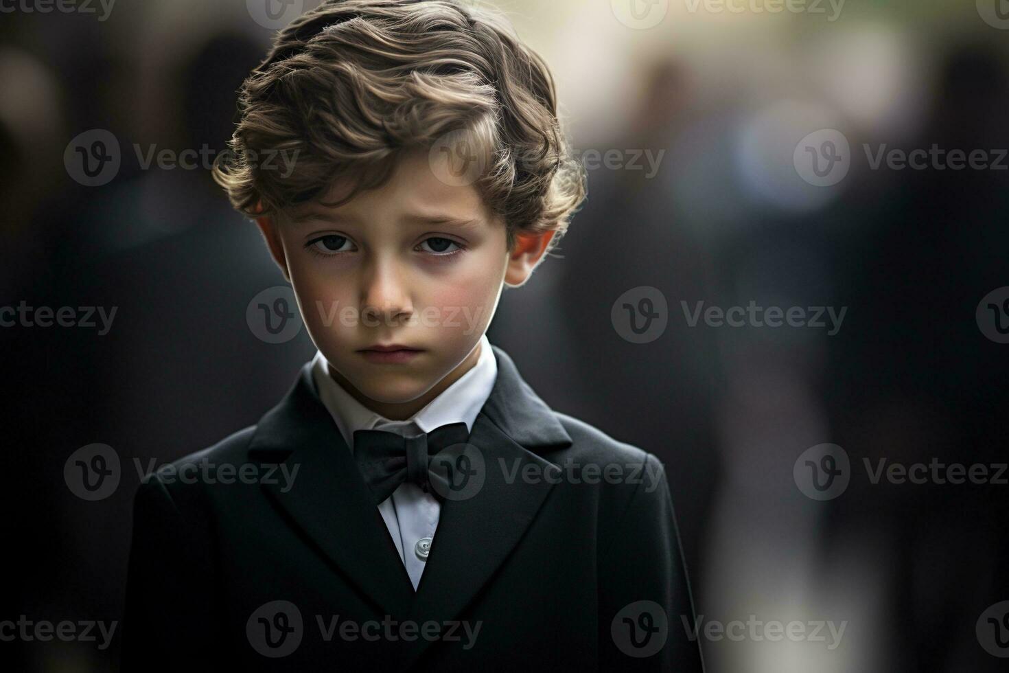 Portrait of a boy in a black suit with a funeral bouquet of flowers AI generated photo