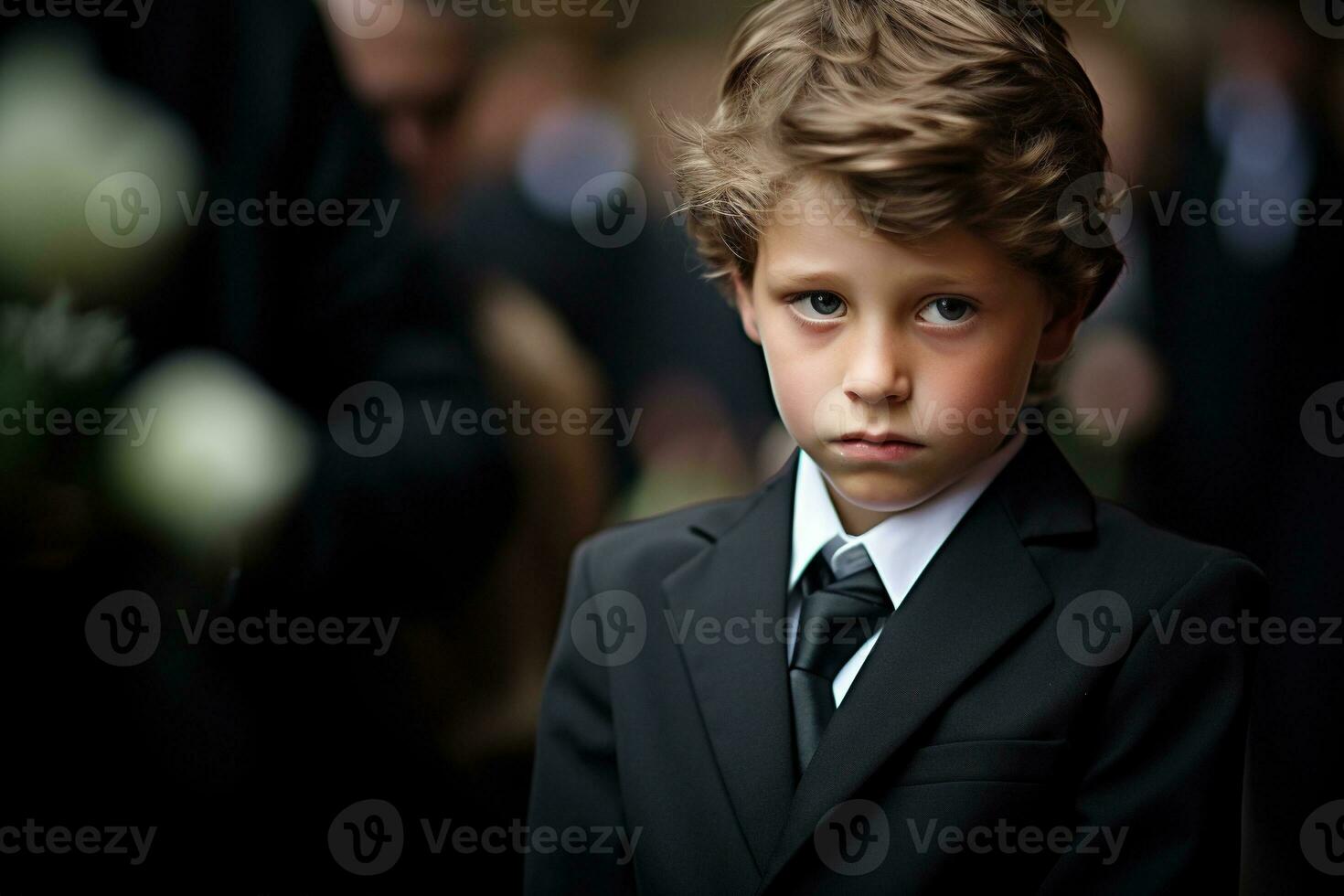 Portrait of a boy in a black suit with a funeral bouquet of flowers AI generated photo