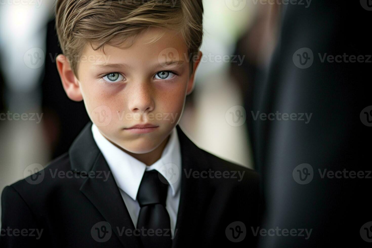 Portrait of a boy in a black suit with a funeral bouquet of flowers AI generated photo