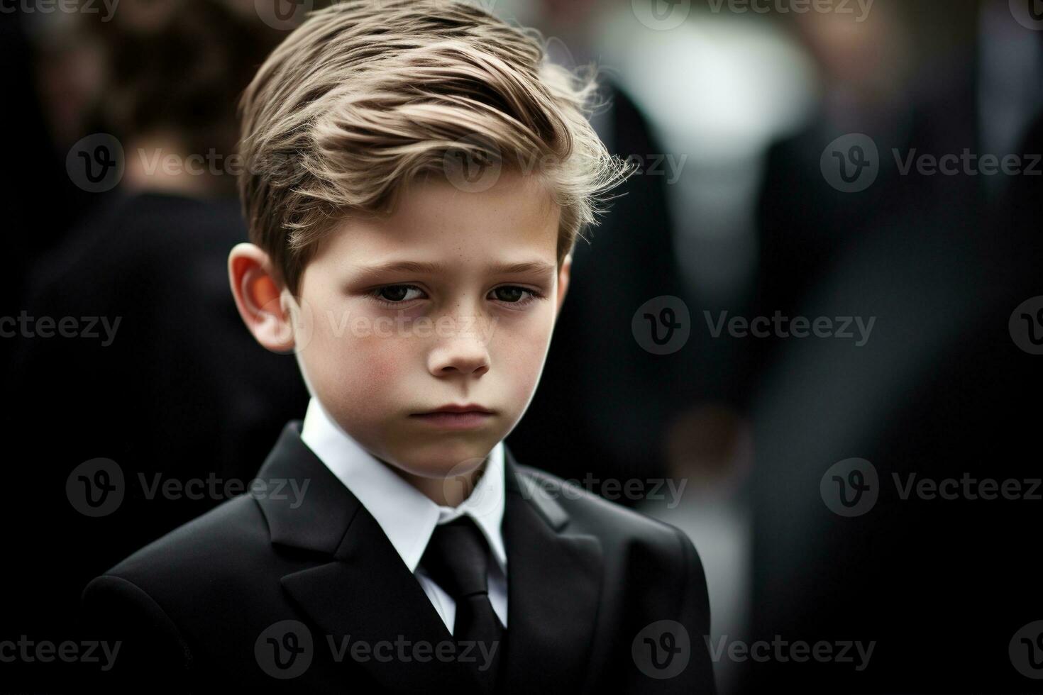 Portrait of a boy in a black suit with a funeral bouquet of flowers AI generated photo