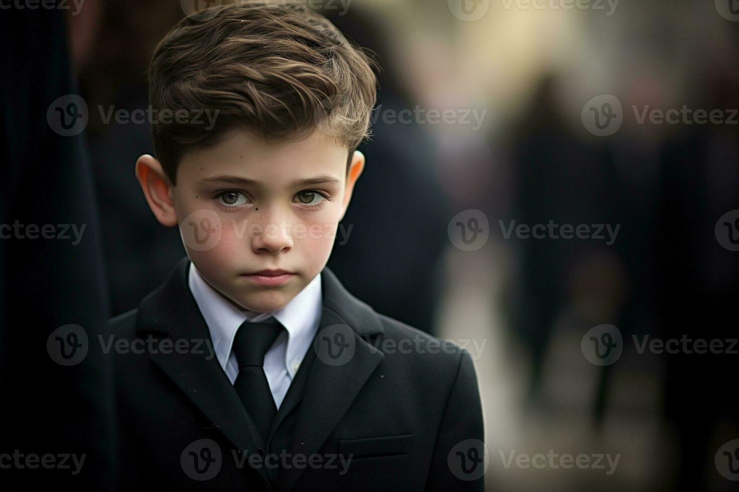 Portrait of a boy in a black suit with a funeral bouquet of flowers AI generated photo