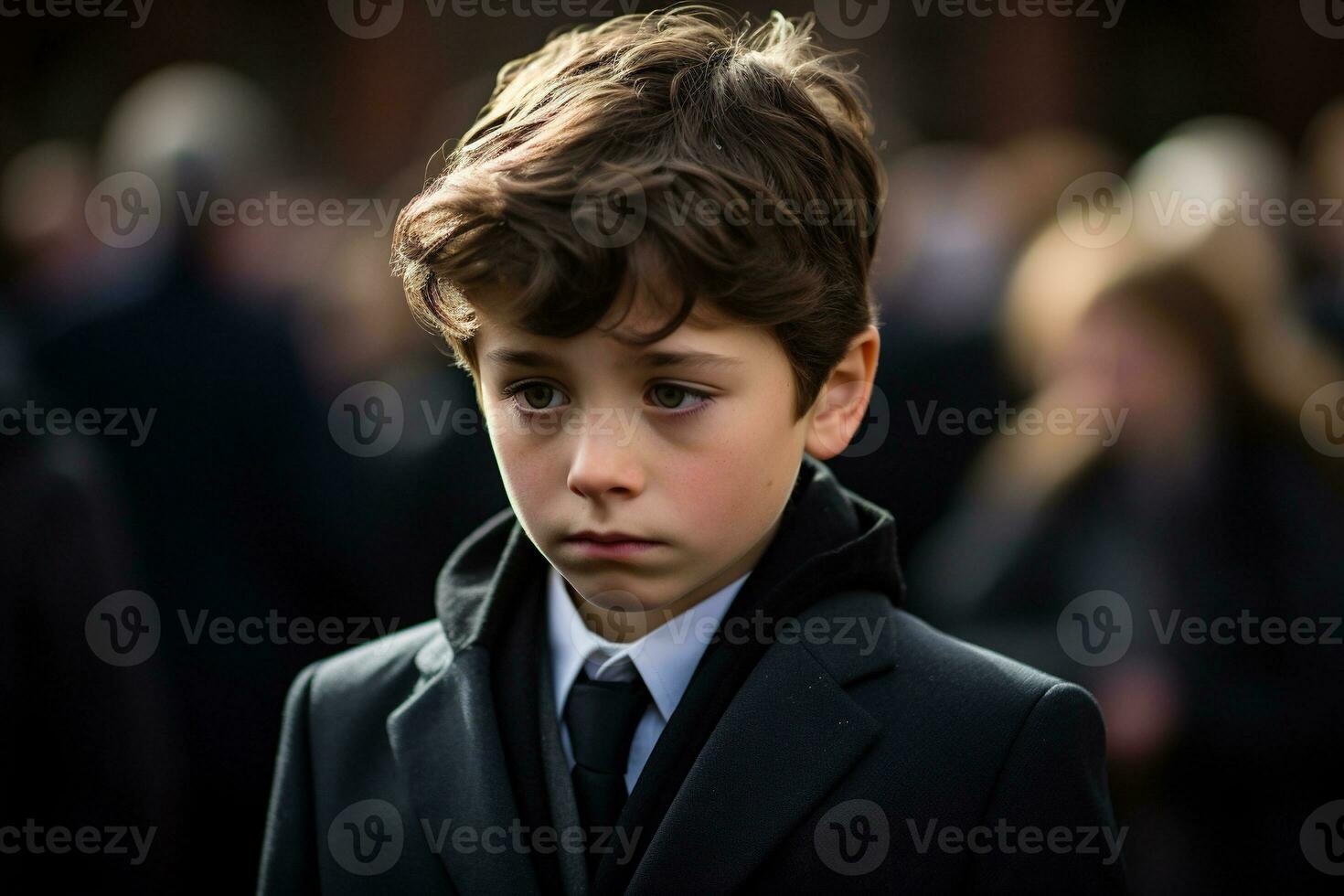 Portrait of a boy in a black suit with a funeral bouquet of flowers AI generated photo