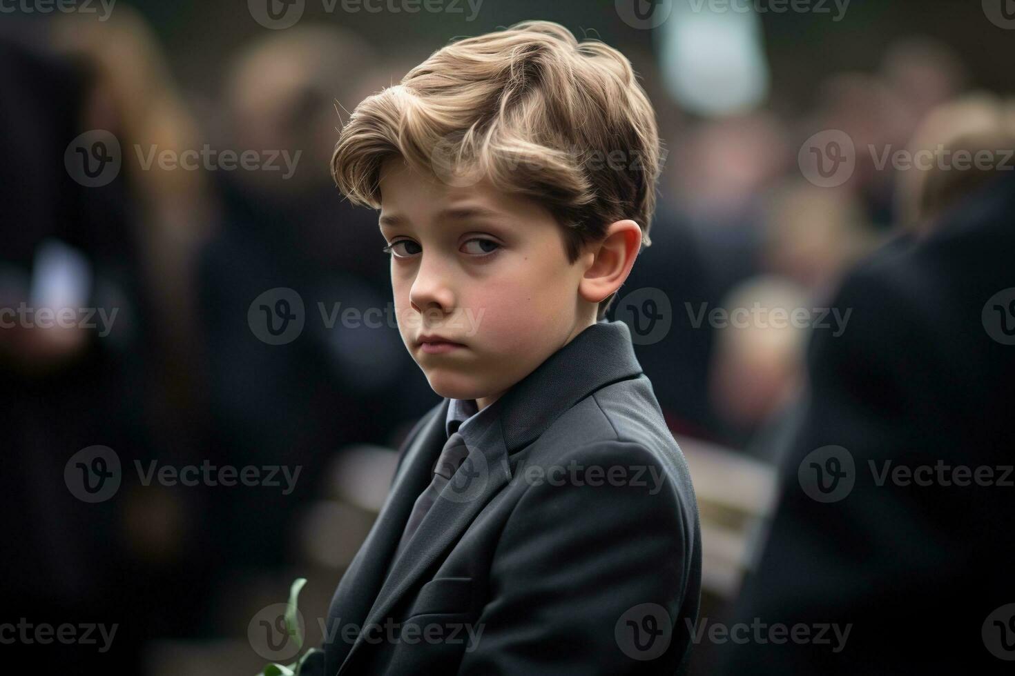 Portrait of a boy in a black suit with a funeral bouquet of flowers AI generated photo