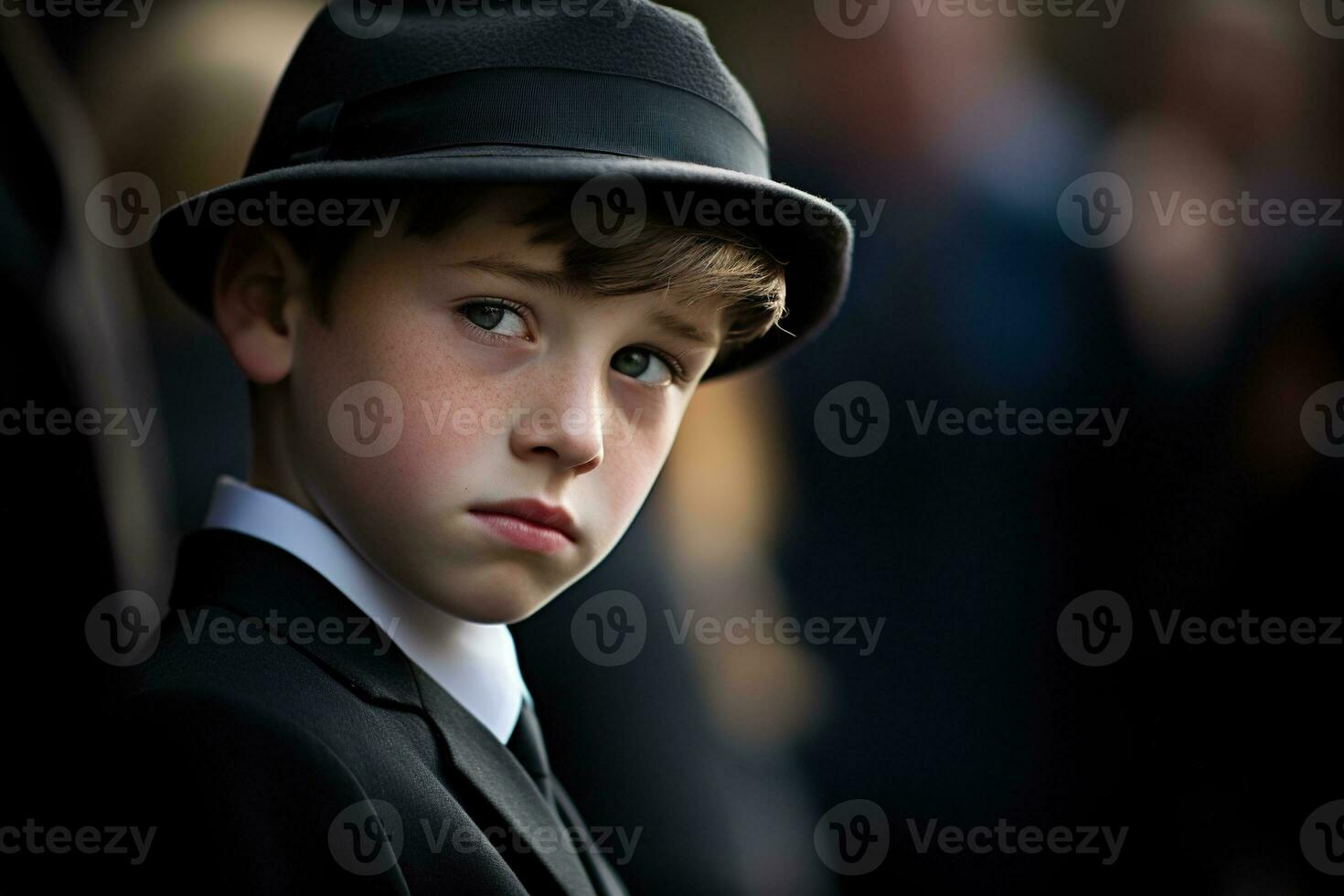 Portrait of a boy in a black suit with a funeral bouquet of flowers AI generated photo