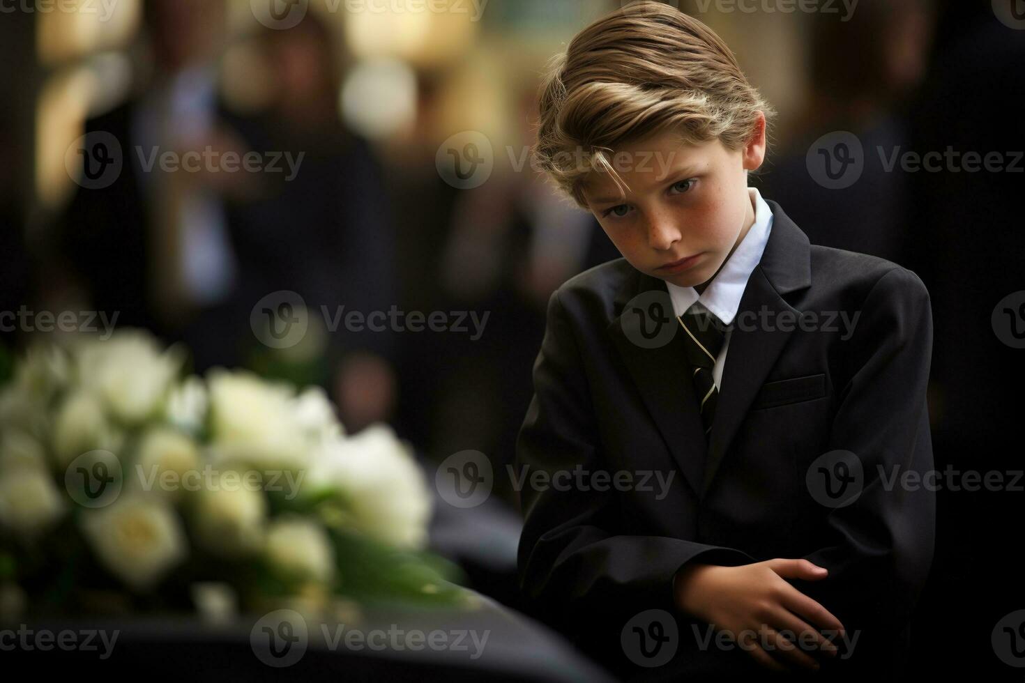 Portrait of a boy in a black suit with a funeral bouquet of flowers AI generated photo