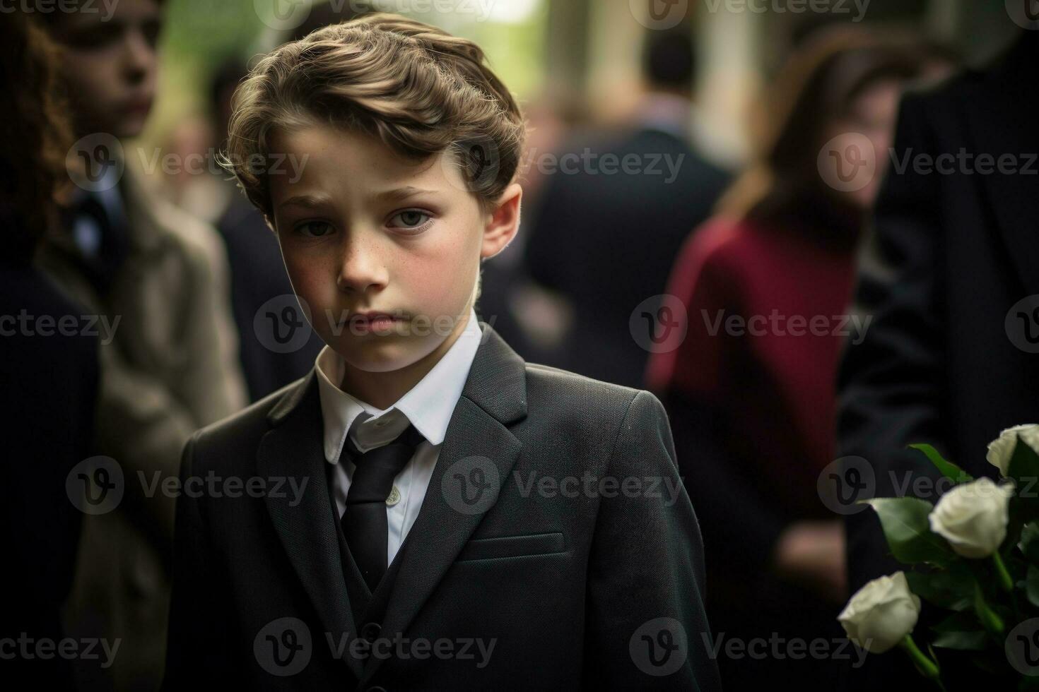 Portrait of a boy in a black suit with a funeral bouquet of flowers AI generated photo