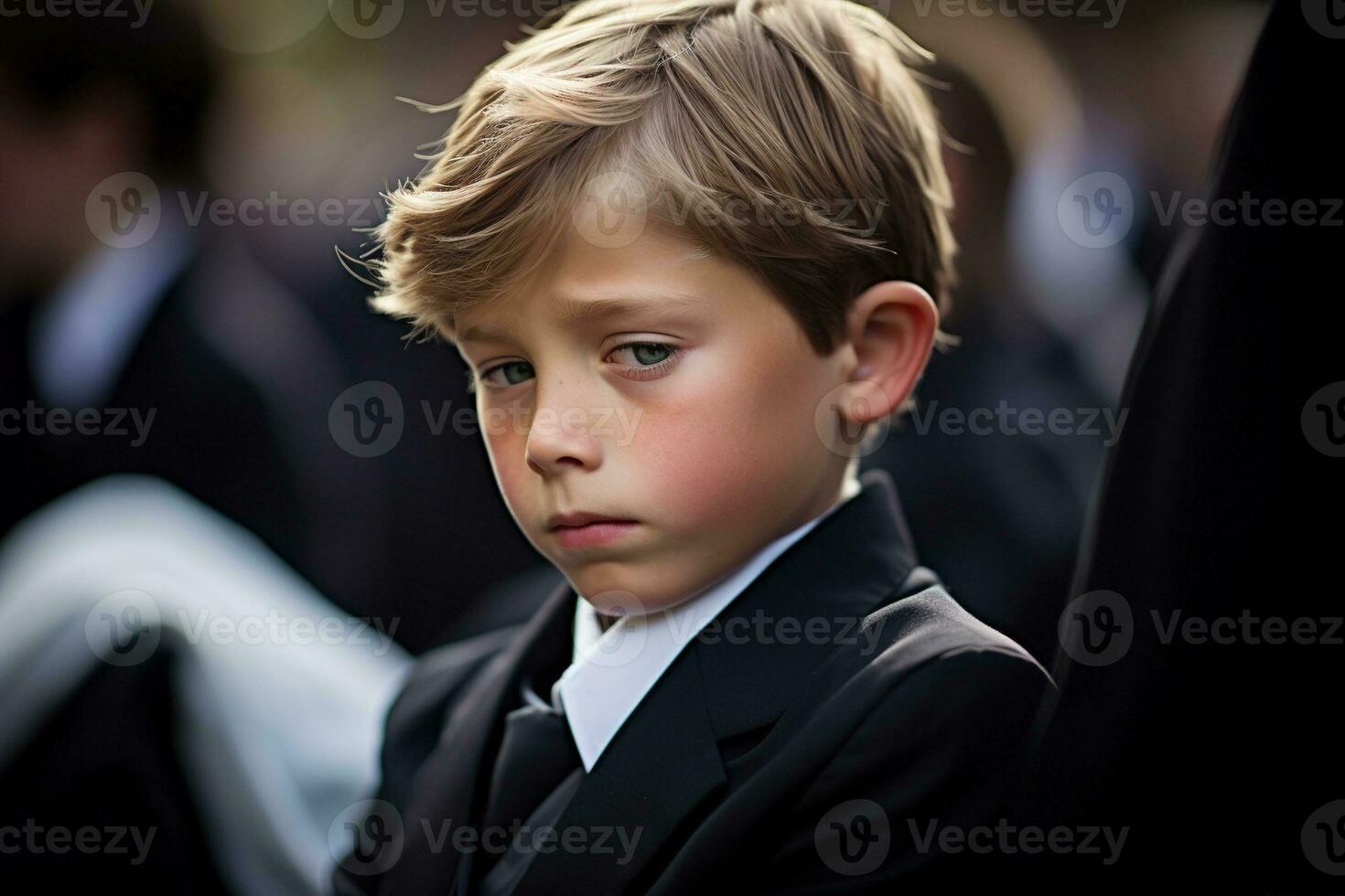 Portrait of a boy in a black suit with a funeral bouquet of flowers AI generated photo