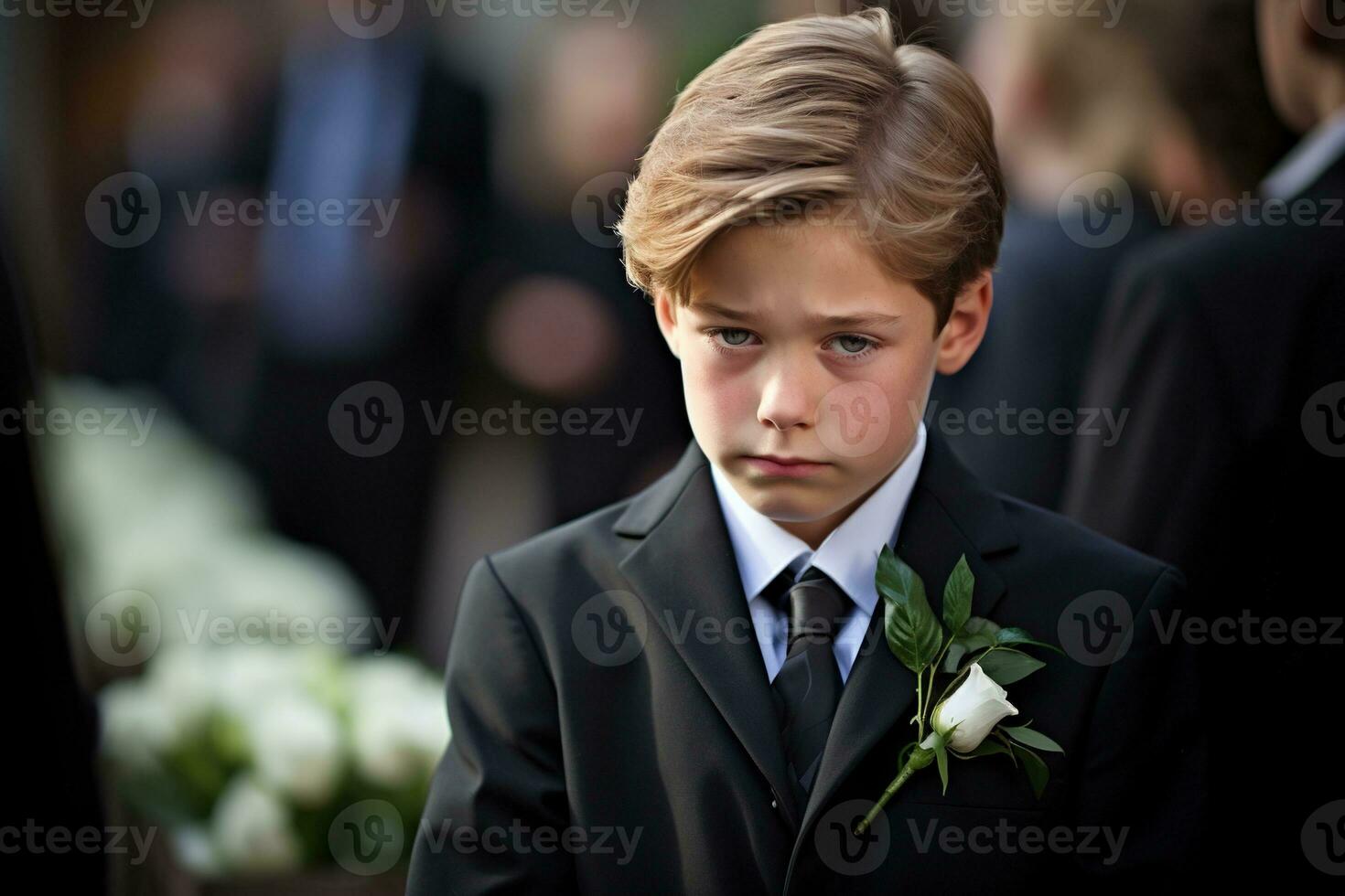 Portrait of a boy in a black suit with a funeral bouquet of flowers AI generated photo