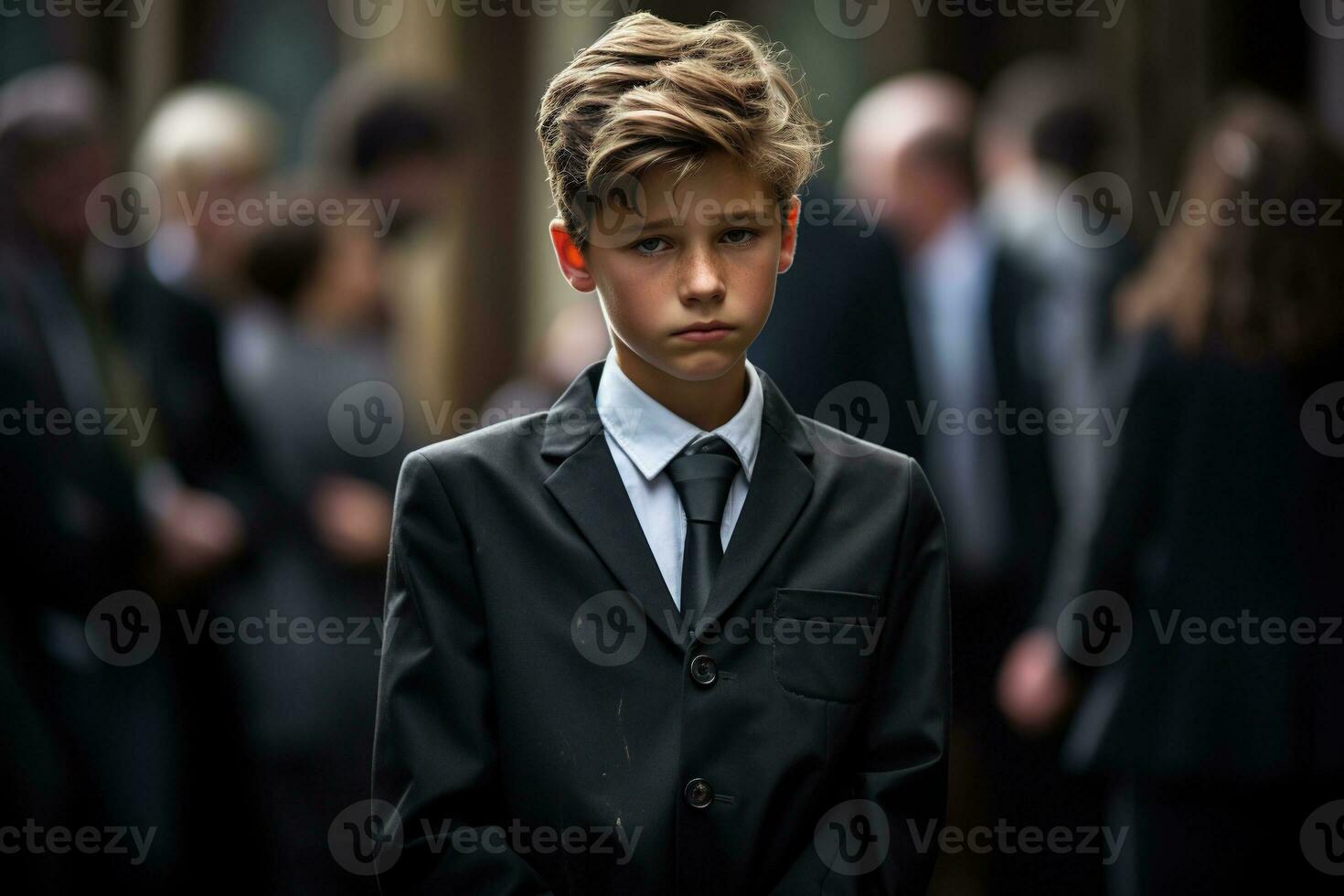 Portrait of a boy in a black suit with a funeral bouquet of flowers AI generated photo