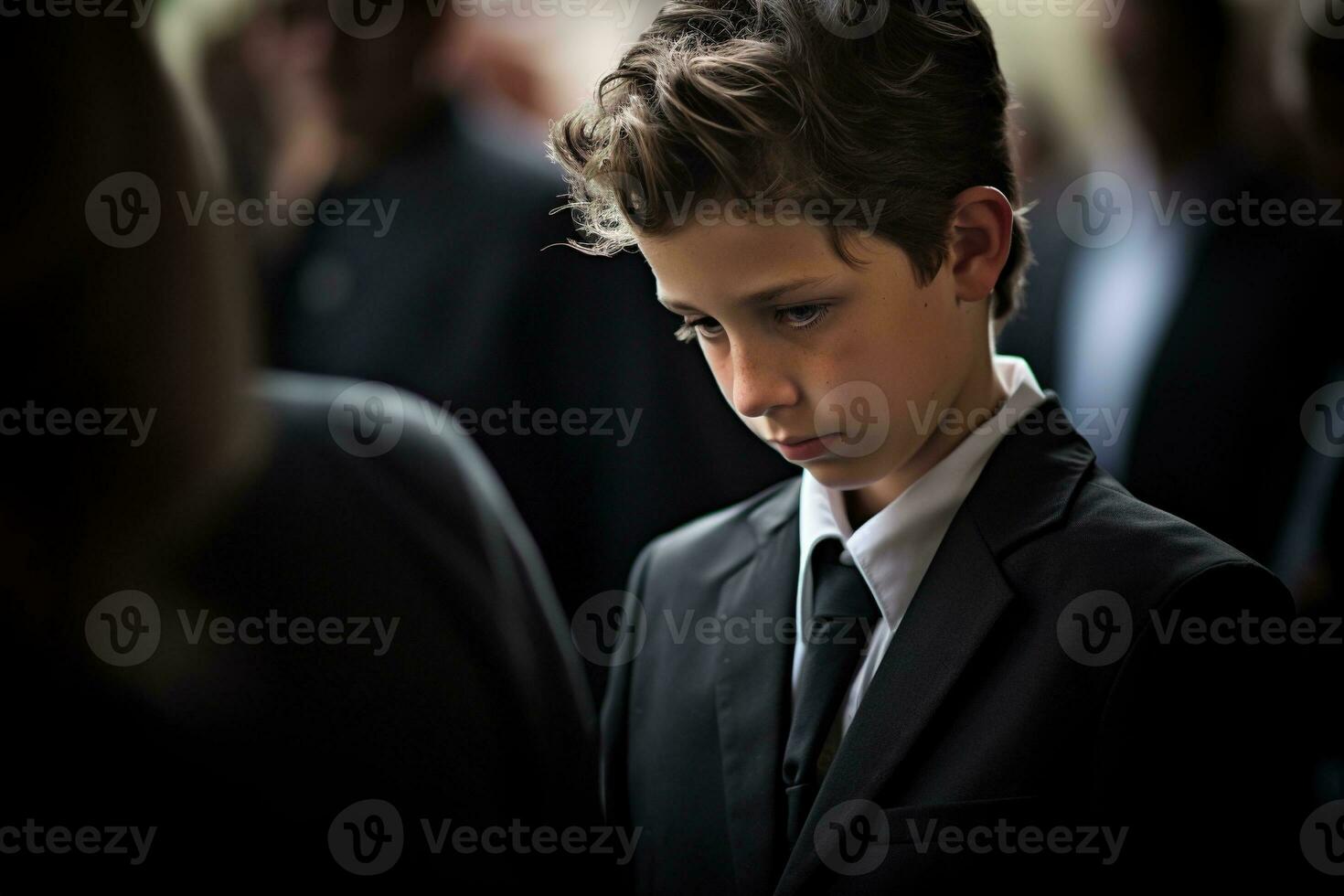 Portrait of a boy in a black suit with a funeral bouquet of flowers AI generated photo