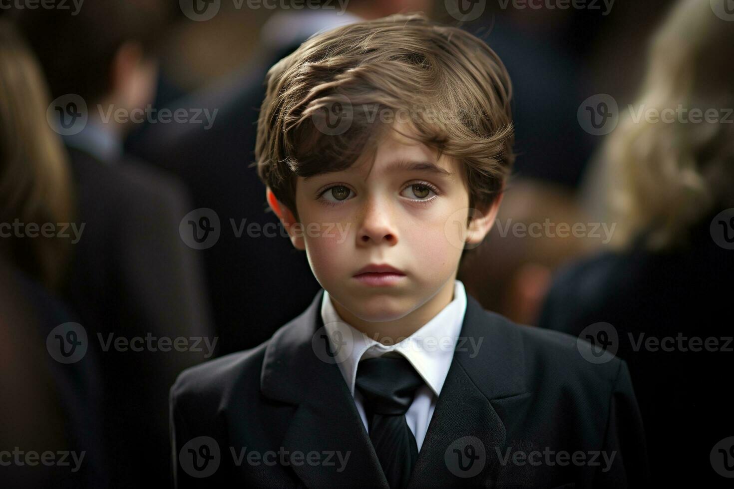 Portrait of a boy in a black suit with a funeral bouquet of flowers AI generated photo