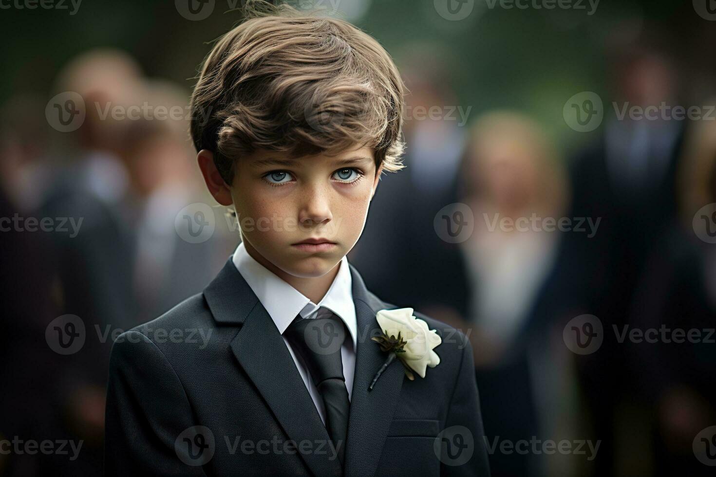 Portrait of a boy in a black suit with a funeral bouquet of flowers AI generated photo