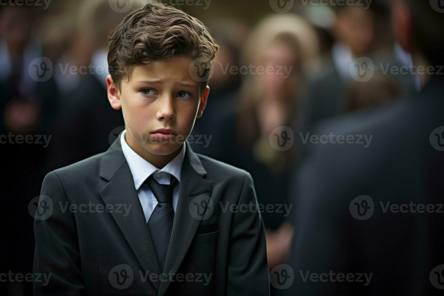 Portrait of a boy in a black suit with a funeral bouquet of flowers AI generated photo