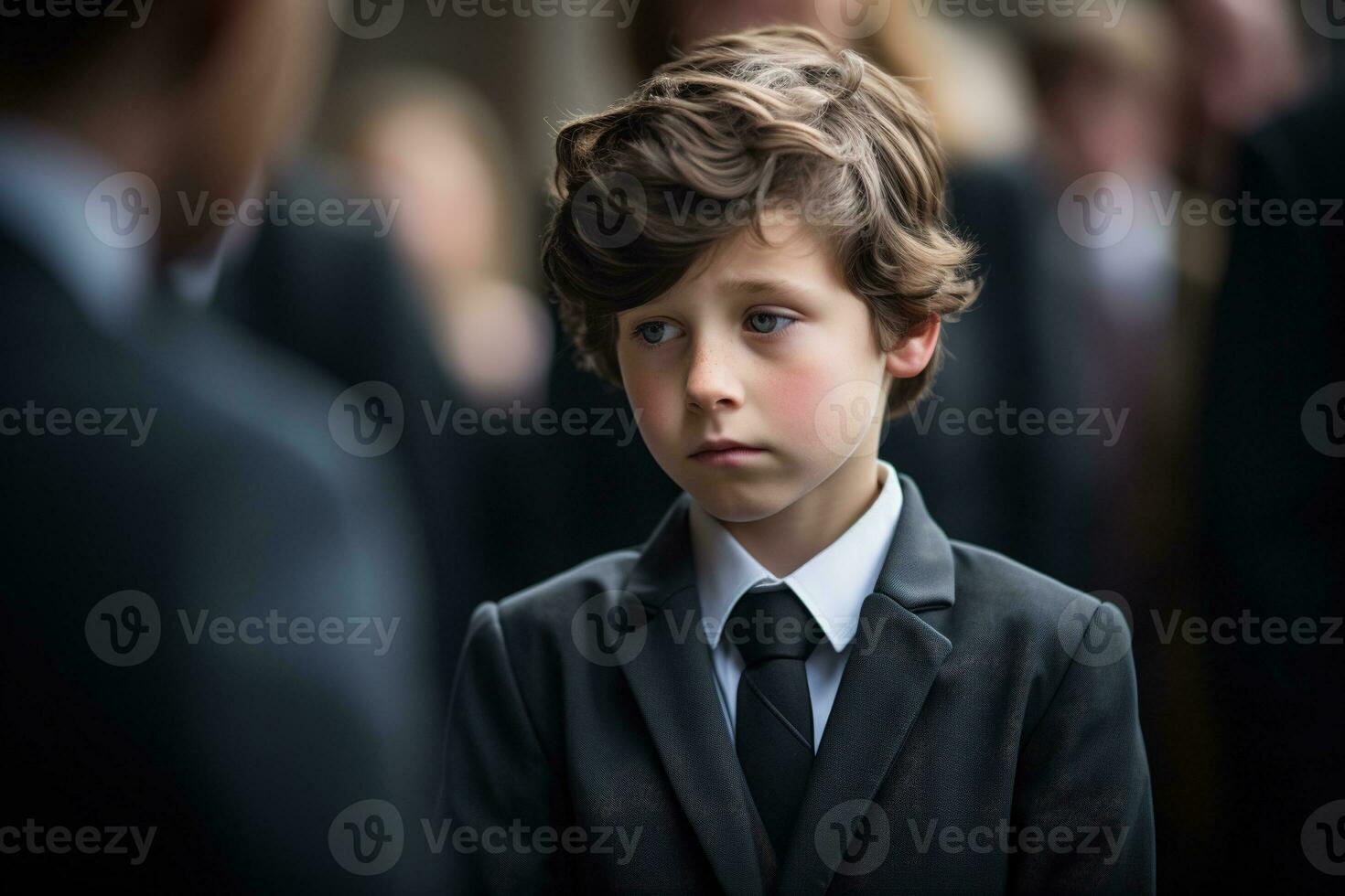 Portrait of a boy in a black suit with a funeral bouquet of flowers AI generated photo