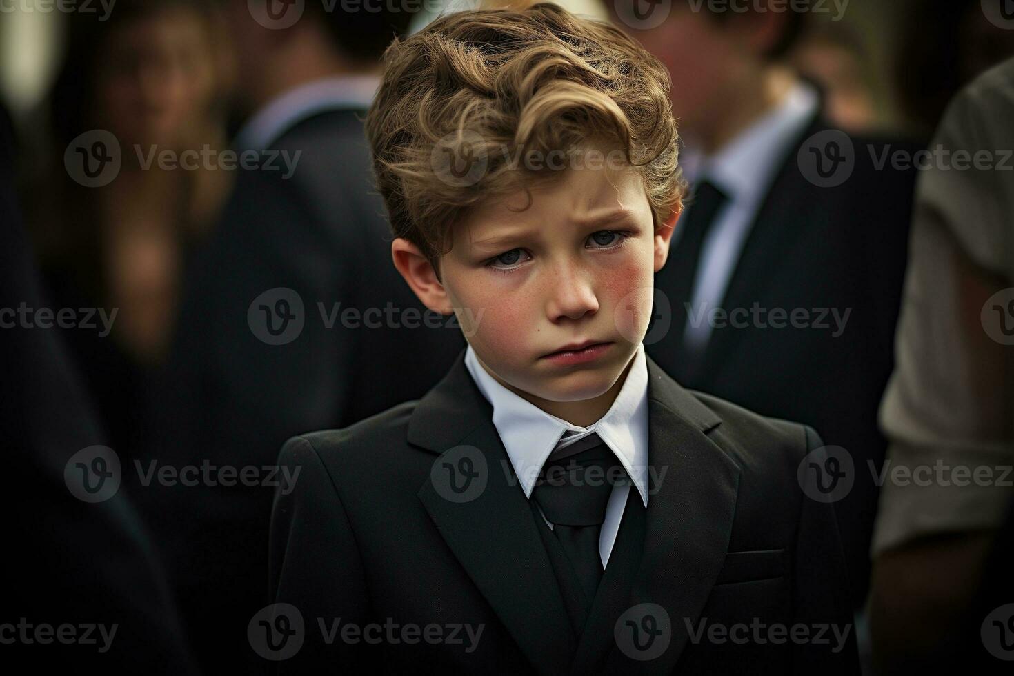 retrato de un chico en un negro traje con un funeral ramo de flores de flores ai generado foto