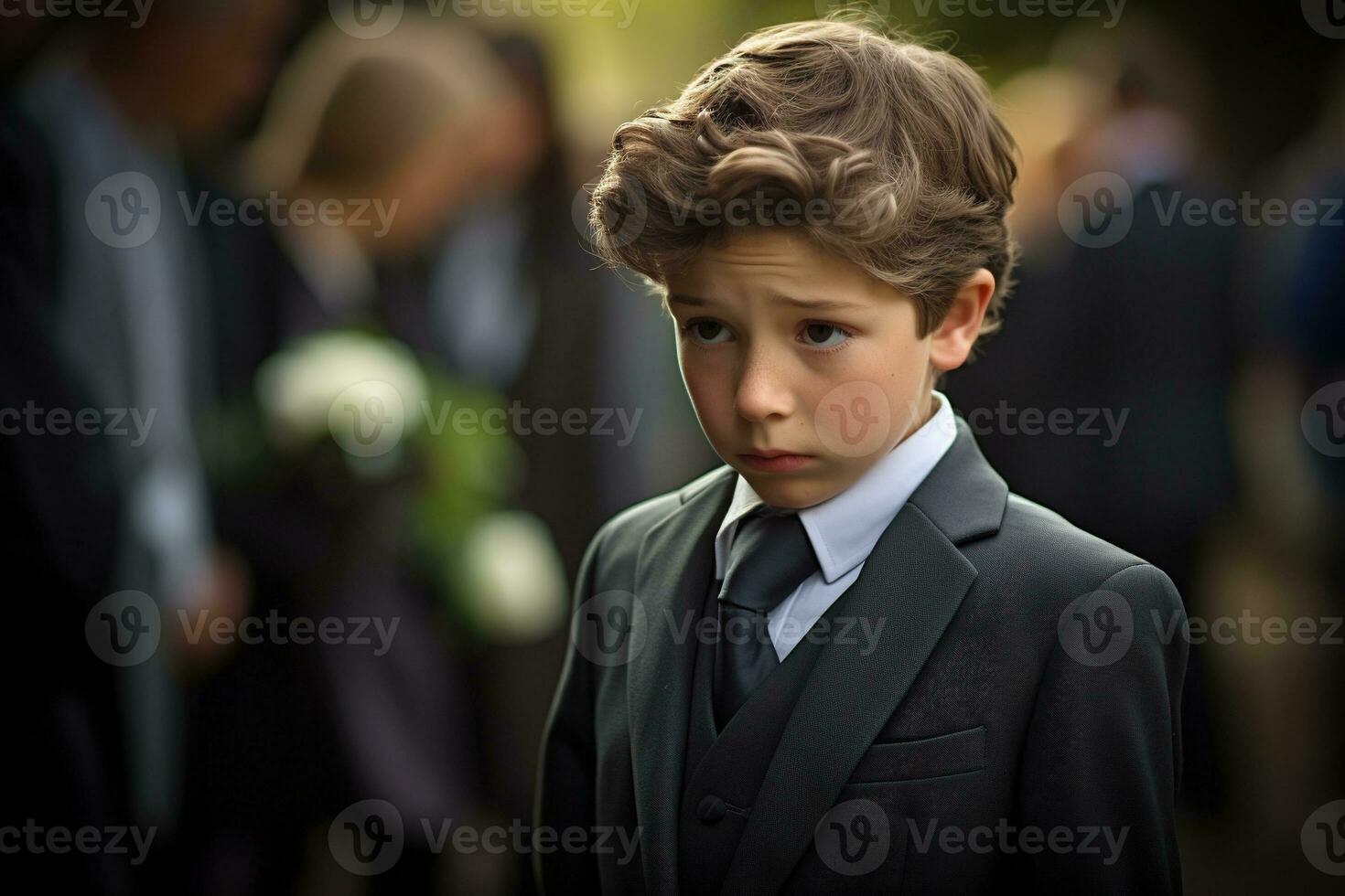 Portrait of a boy in a black suit with a funeral bouquet of flowers AI generated photo