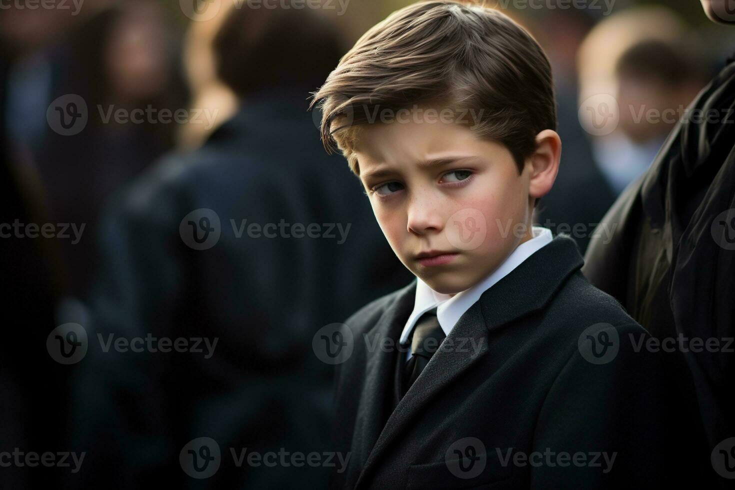 Portrait of a boy in a black suit with a funeral bouquet of flowers AI generated photo